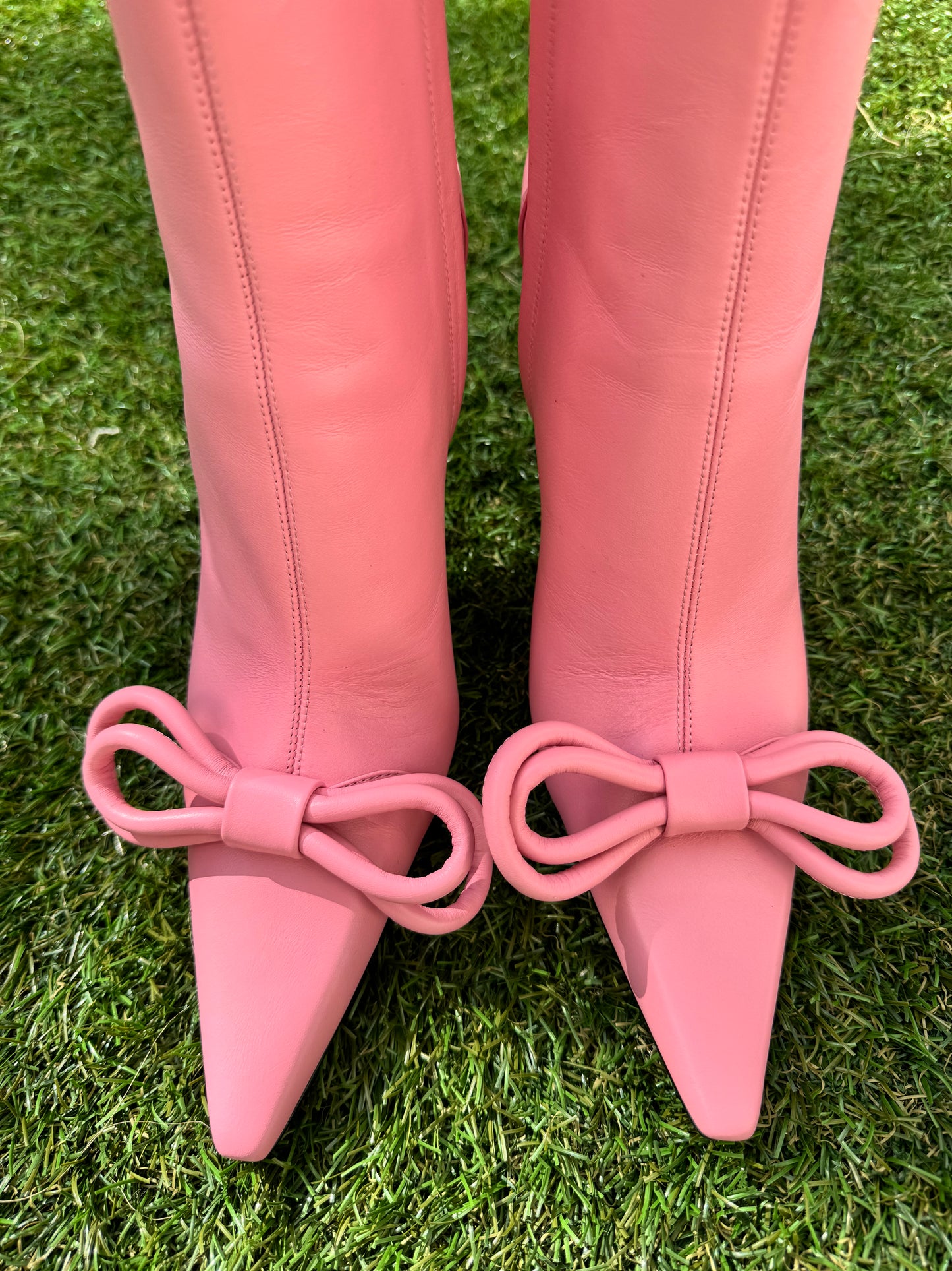 Mach & Mach Double Bow Pink Leather Pointed Toe Boots Booties