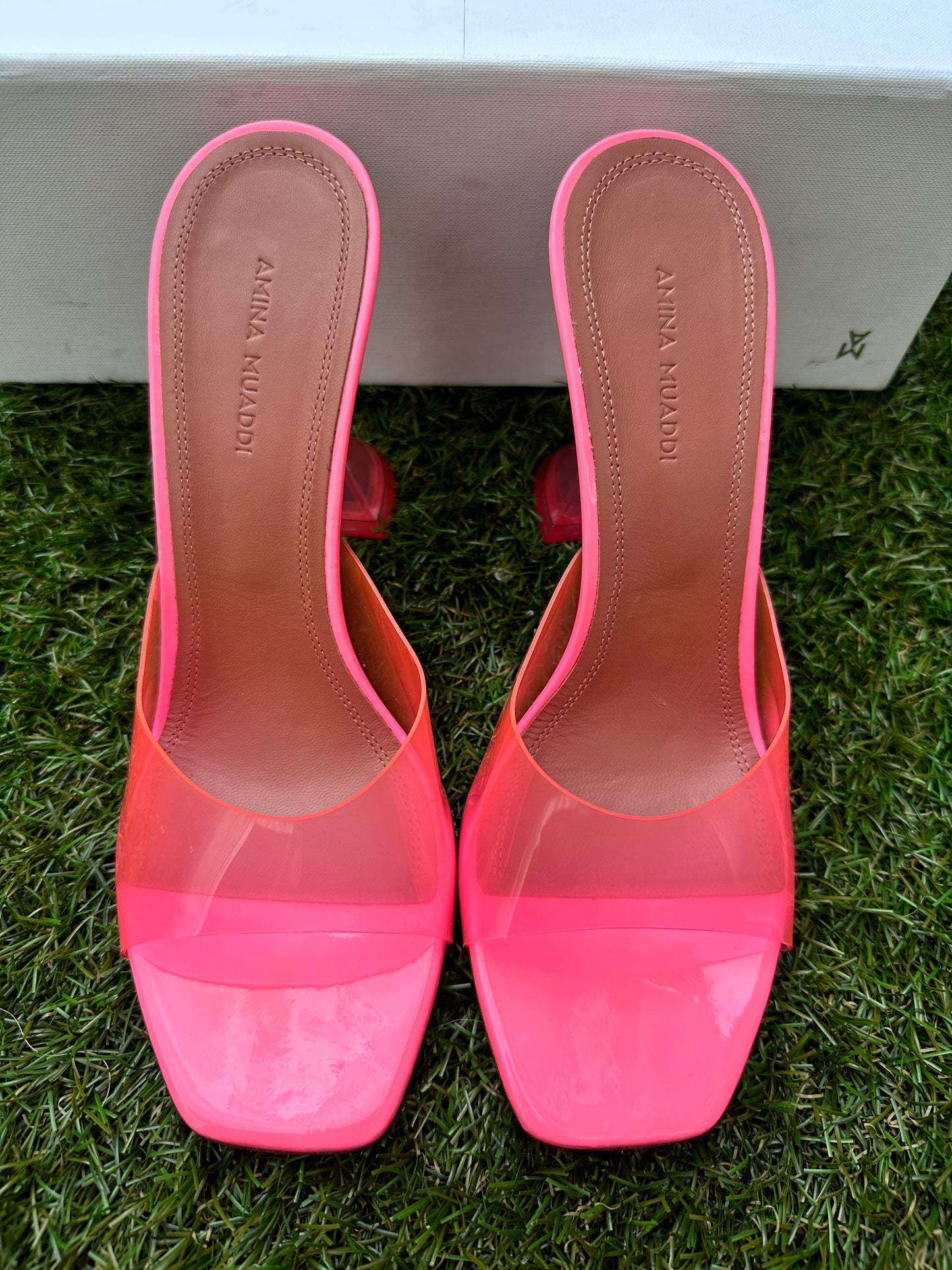 Amina Muaddi Lupita Glass Bubblegum Pink PVC Mule Mules Plastic Heels