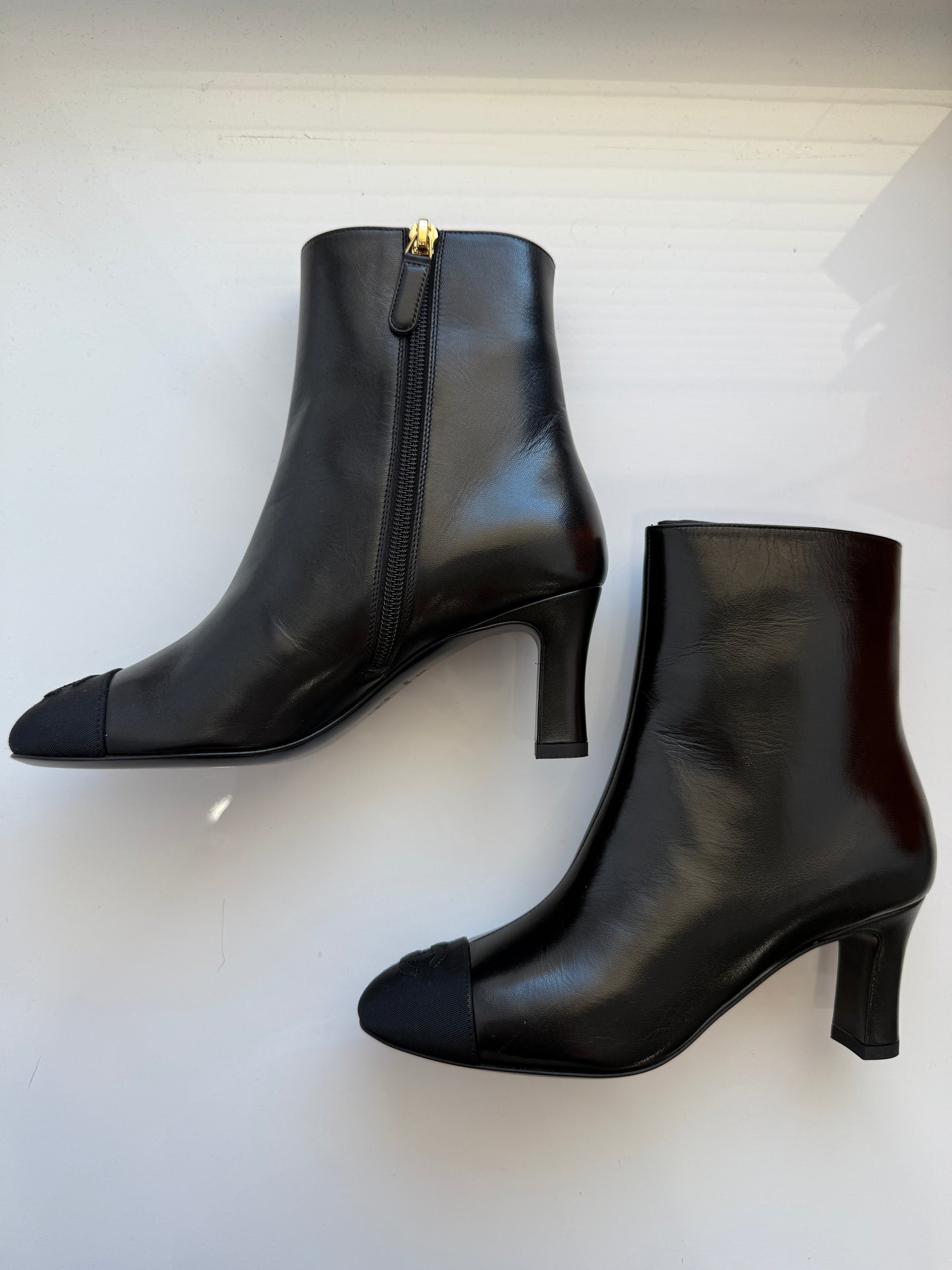 Chanel Black Lambskin Leather CC Logo Cap Toe Booties Ankle Boots Low Heel