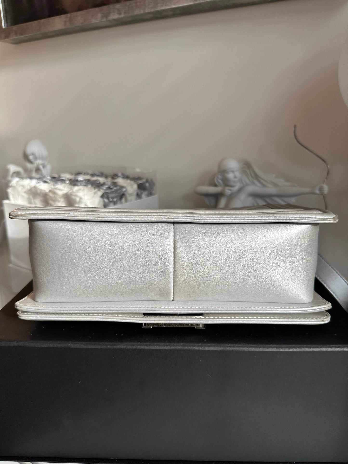 Chanel Old Medium Boy Flap Silver Metallic Gray Lambskin Quilted Handbag Bag Pre-owned
