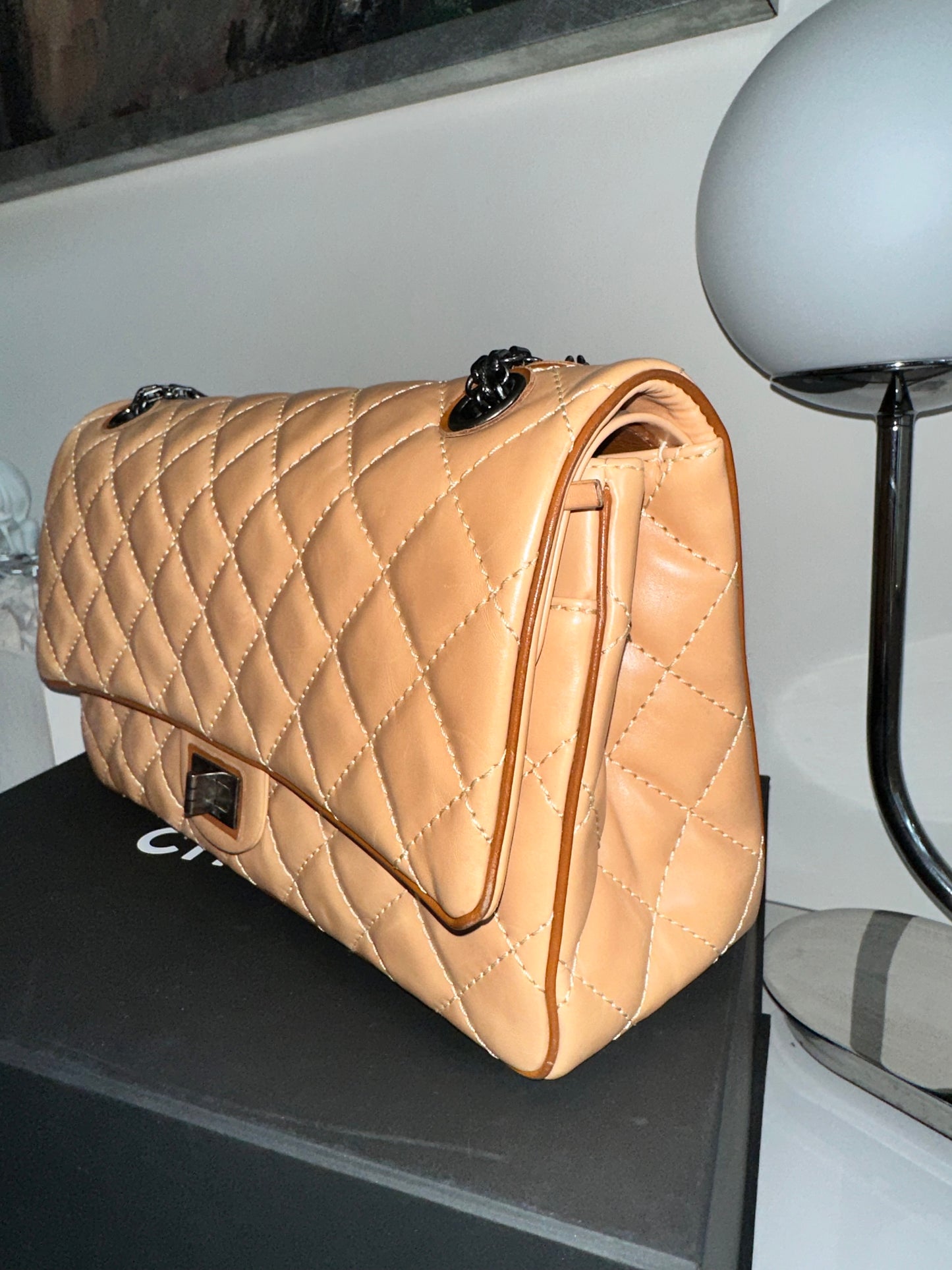 Chanel Reissue 226 Medium Double Flap Beige Two Tone Lambskin Quilted Handbag Bag Pre-Owned