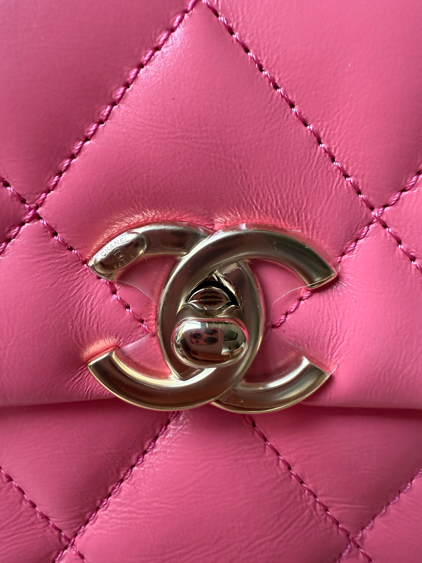 CHANEL 2024C PINK LEATHER MINI RECTANGULAR CROSSBODY TOP HANDLE BAG GOLD HW