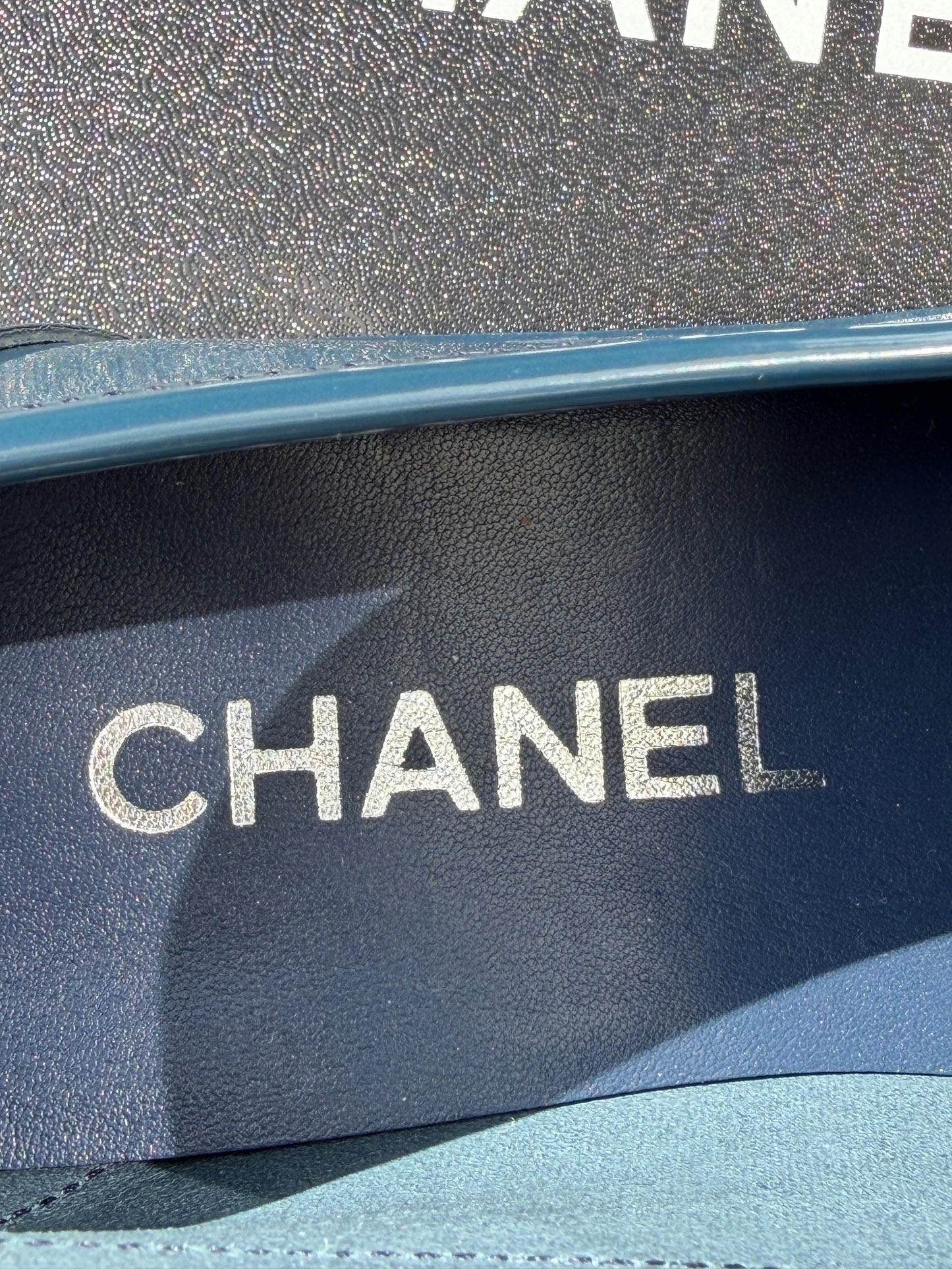 2023 CHANEL NAVY BLUE SHINY LEATHER SILVER LOGO LOAFERS OXFORD SHOES