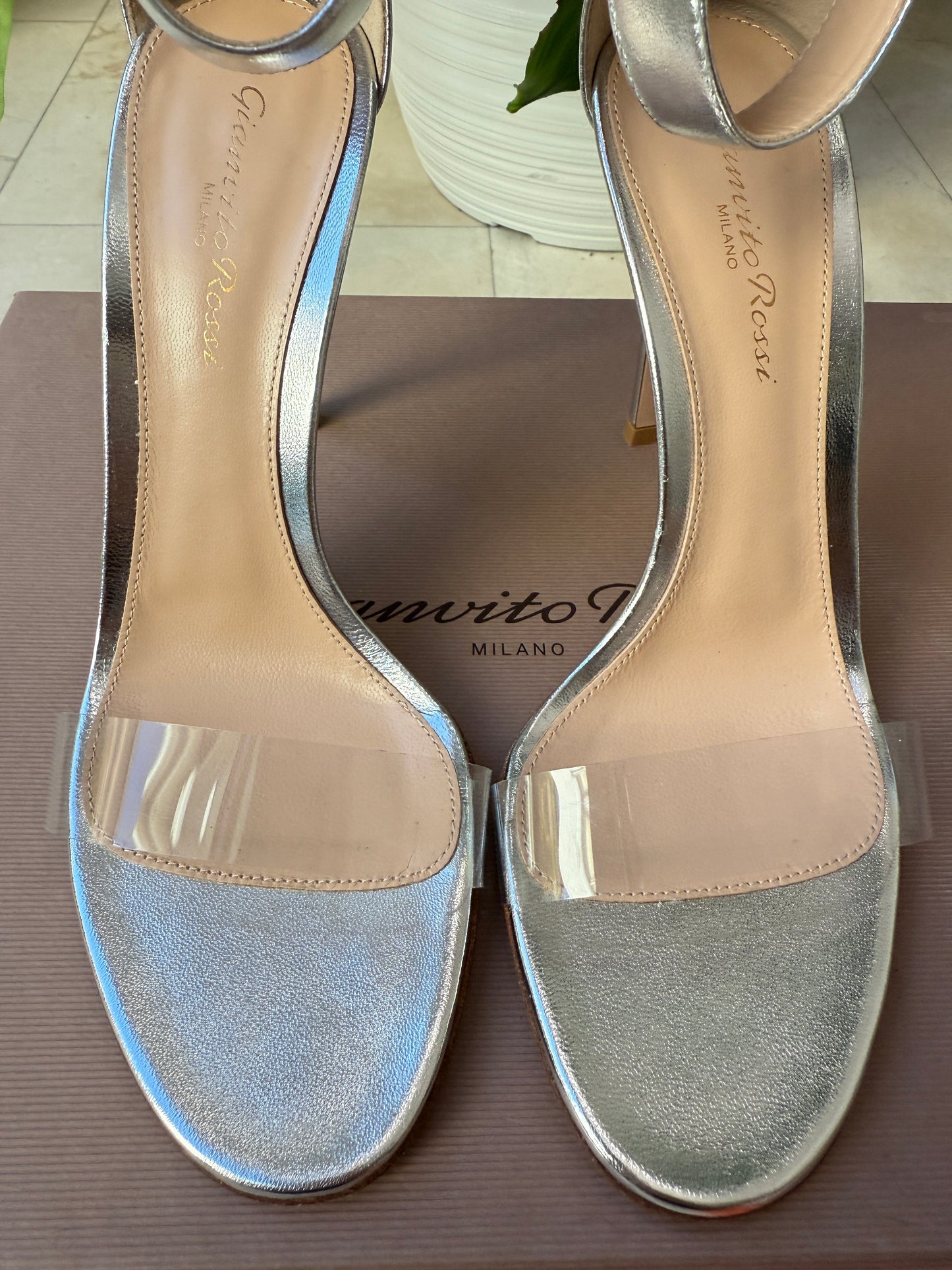 Gianvito Rossi Portofino 105 Silver Metallic Leather Ankle Strap PVC Sandals Pumps Heels