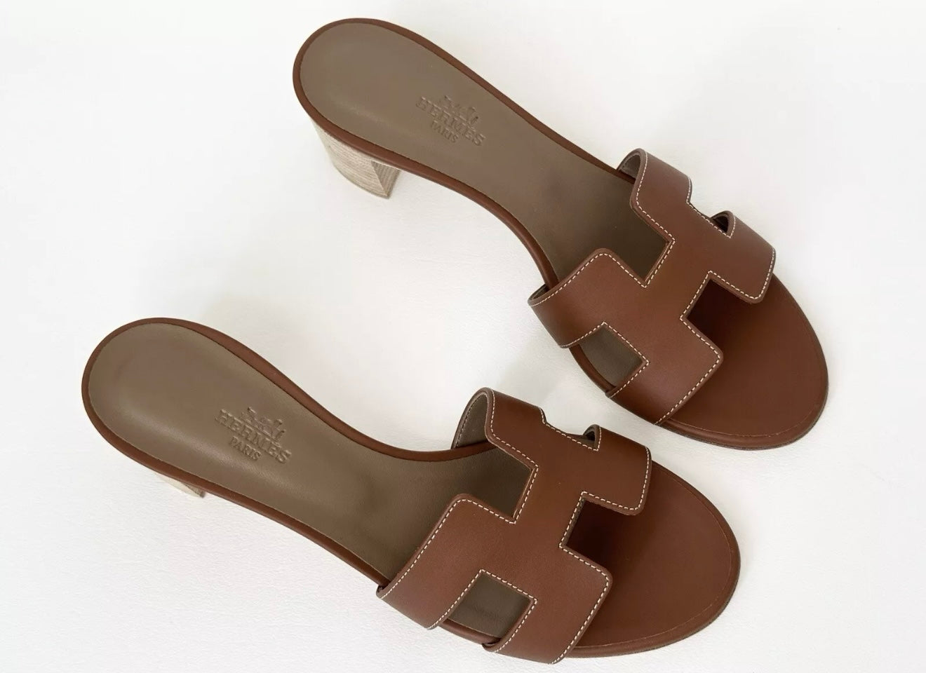 HERMES H OASIS SANDALS IN GOLD BROWN LEATHER SHOES MULES SLIDES HEELS