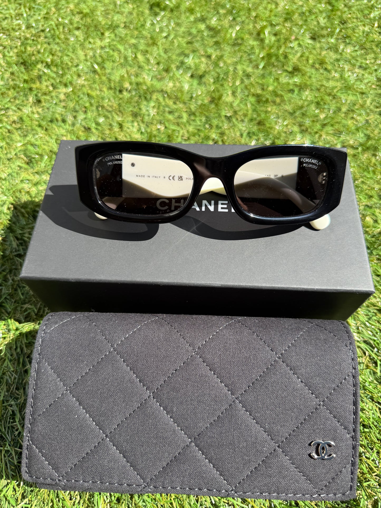 Chanel Polarized Rectangle Sunglasses Black White CC Logo CH5525 Acetate 52mm