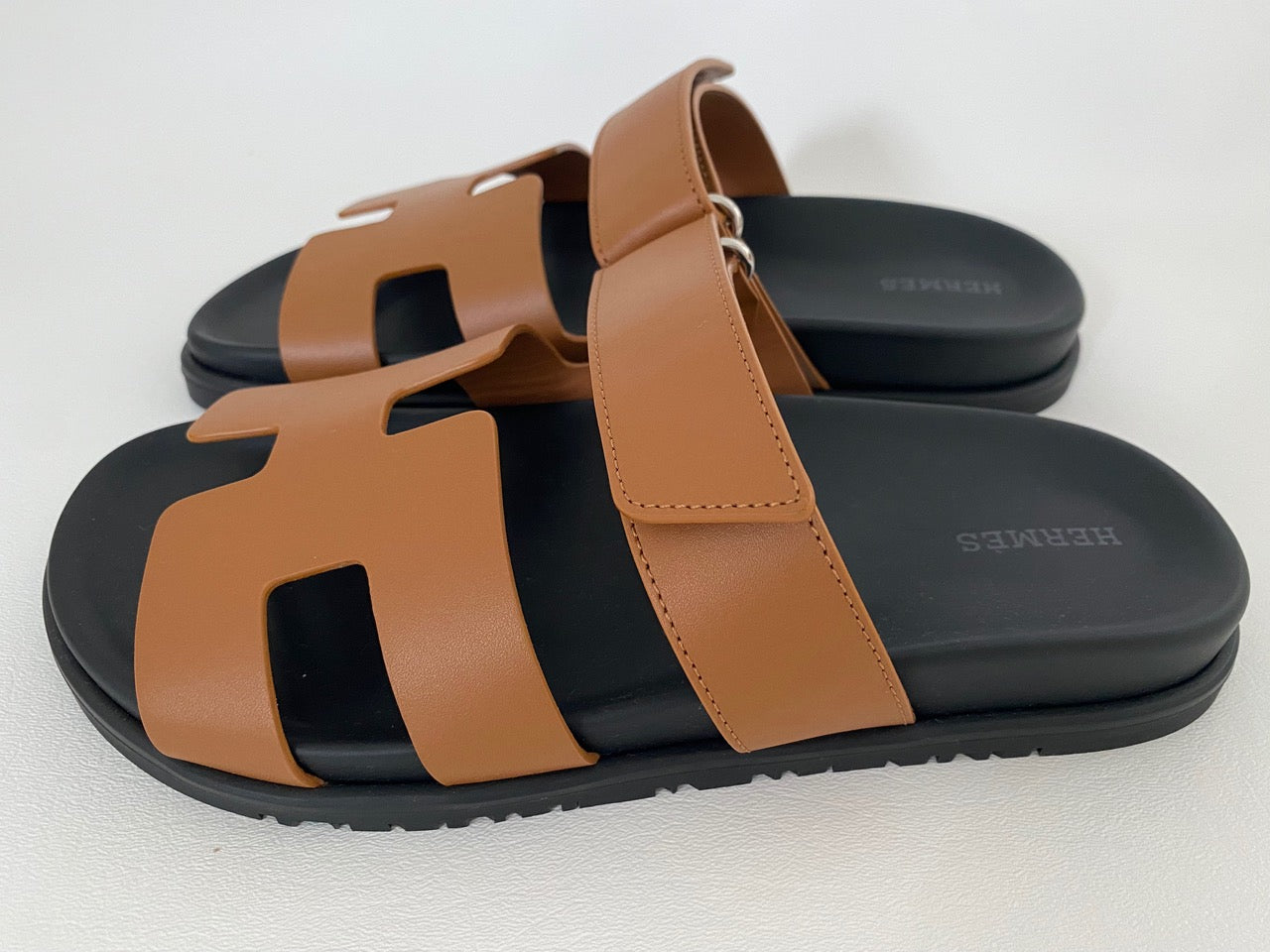 HERMES H CHYPRE BROWN CALFSKIN LEATHER SANDALS SHOES FLAT SLIDES