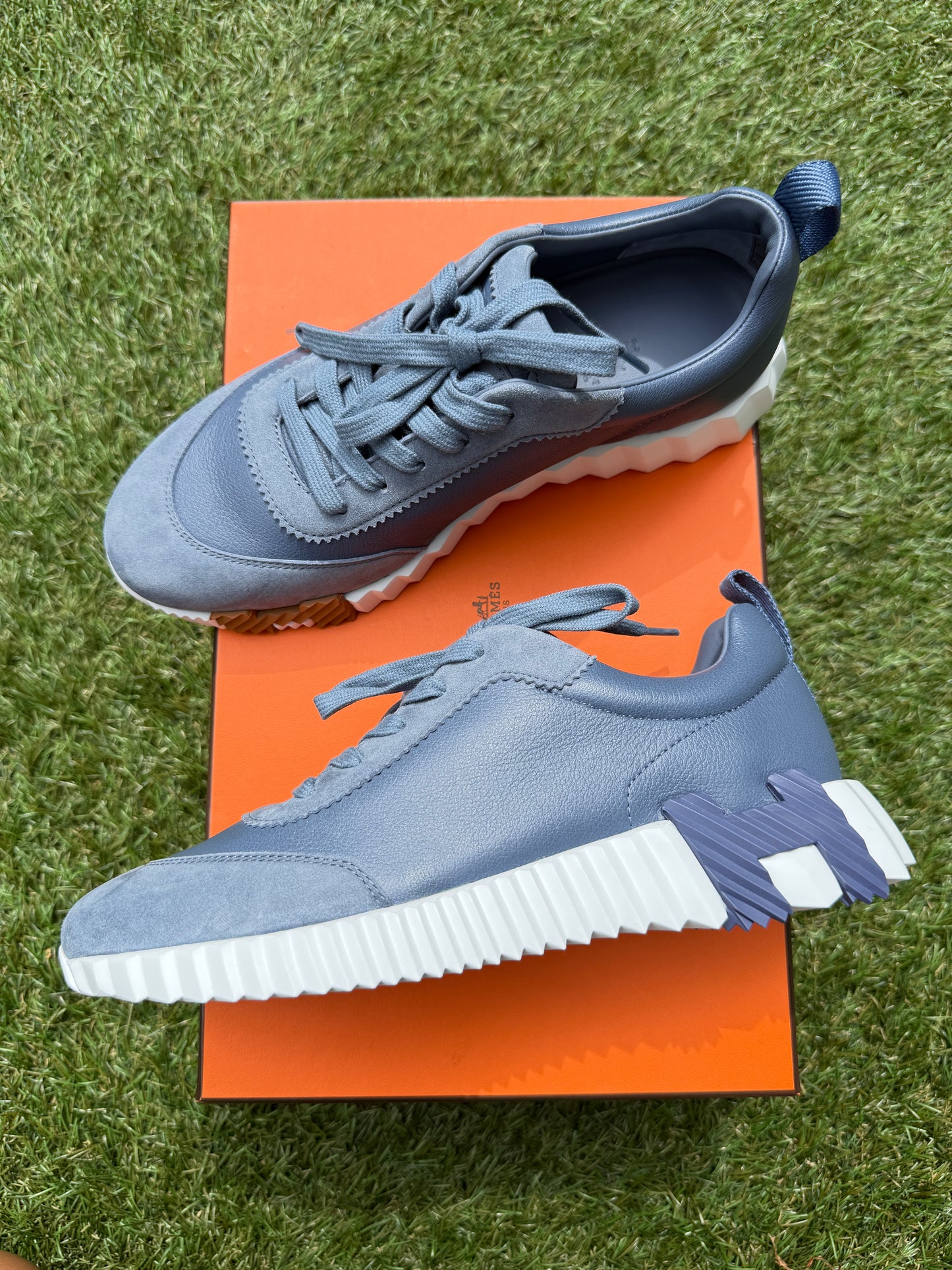 HERMES BOUNCING BLUE MER LEATHER SUEDE WHITE SOLE TRAINERS FASHION SNEAKERS