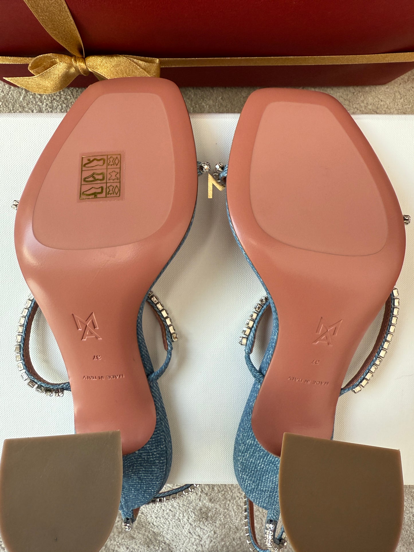 Amina Muaddi Gilda Crystal Crystals Denim Strap Open Pumps Sandals Heels