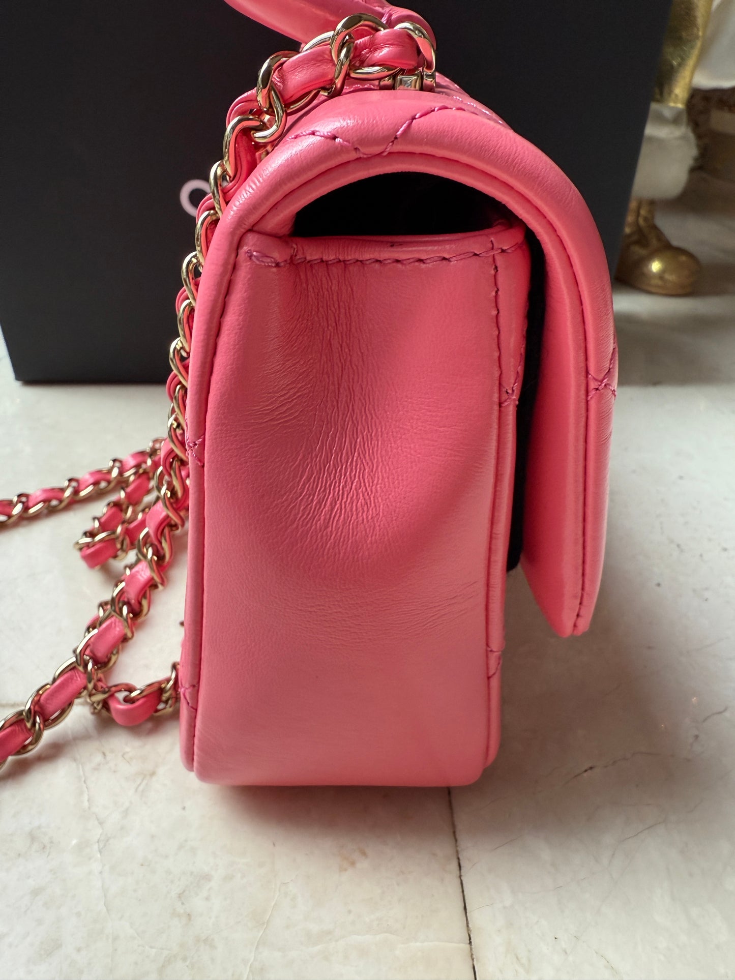 CHANEL 2024C PINK LEATHER MINI RECTANGULAR CROSSBODY TOP HANDLE BAG GOLD HW
