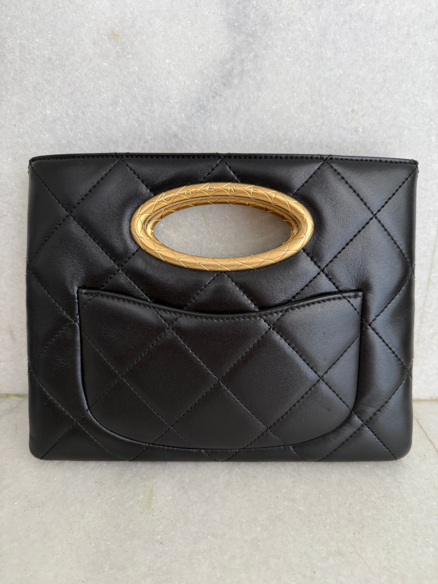 Chanel Quilted Black Lambskin Leather Chain Handle Pocket Gold Tone CC Logo Shoulder Clutch Purse