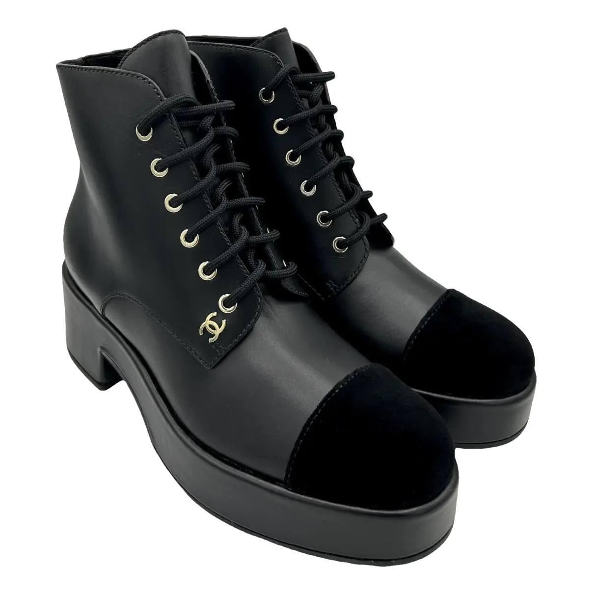 Chanel Calfskin Velvet CC Cap Toe Black Leather Lace Up Boots Ankle Booties