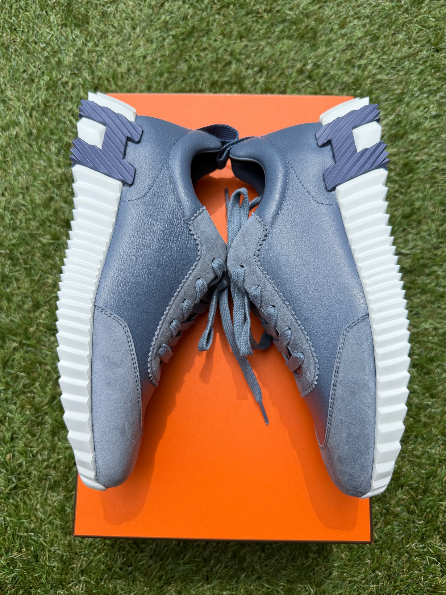 HERMES BOUNCING BLUE MER LEATHER SUEDE WHITE SOLE TRAINERS FASHION SNEAKERS