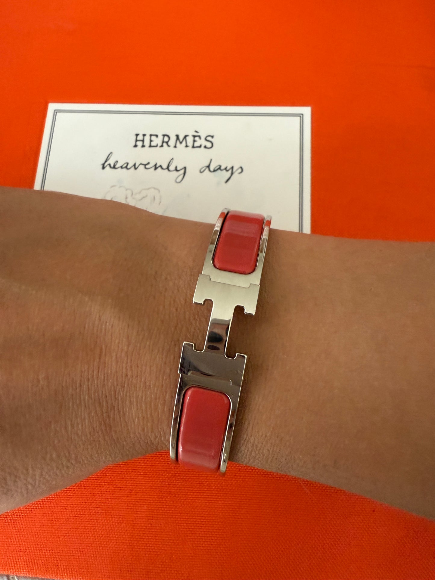 Hermes Clic H Clac Rouge Corail Coral Enamel Palladium Plated Bracelet PM New