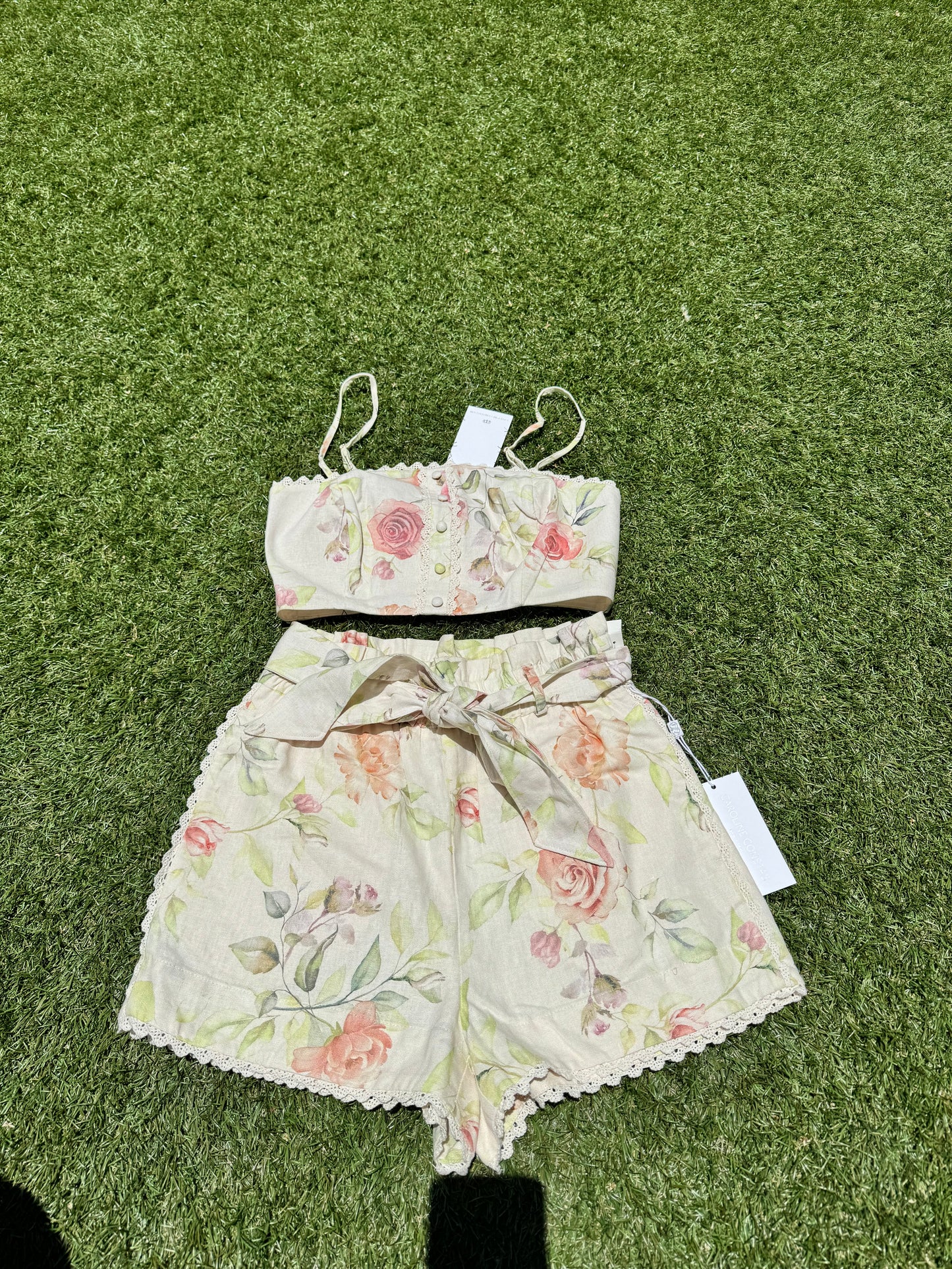 Caroline Constas Floral Linen Crochet Belted Summer 2 Piece Suite Shorts Top