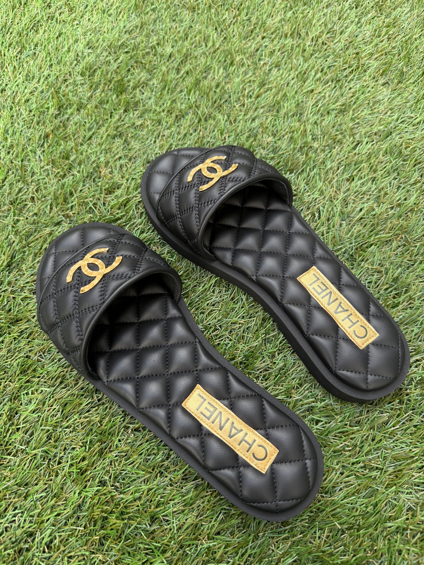 Chanel SS25 Black Leather Quilted CC Gold Tone Logo Sandals Slides Mules
