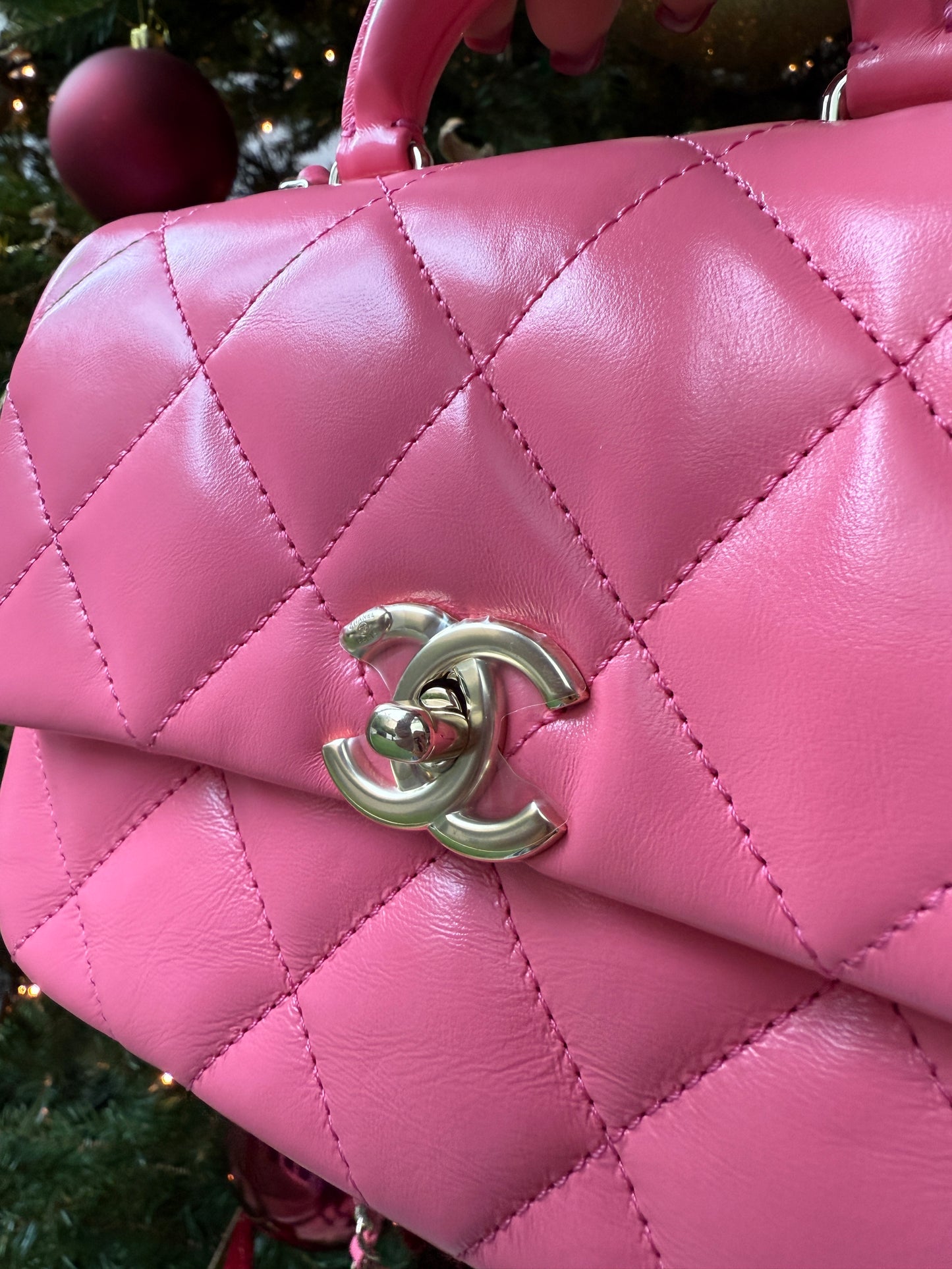 CHANEL 2024C PINK LEATHER MINI RECTANGULAR CROSSBODY TOP HANDLE BAG GOLD HW