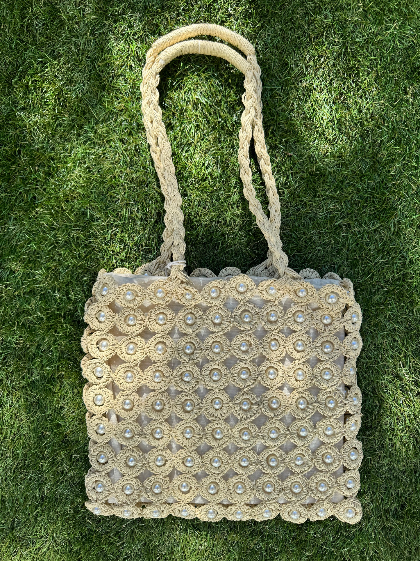 Haute Hippie Style Handwoven Double Handle Straw Raffia Pearl Embellished Tote