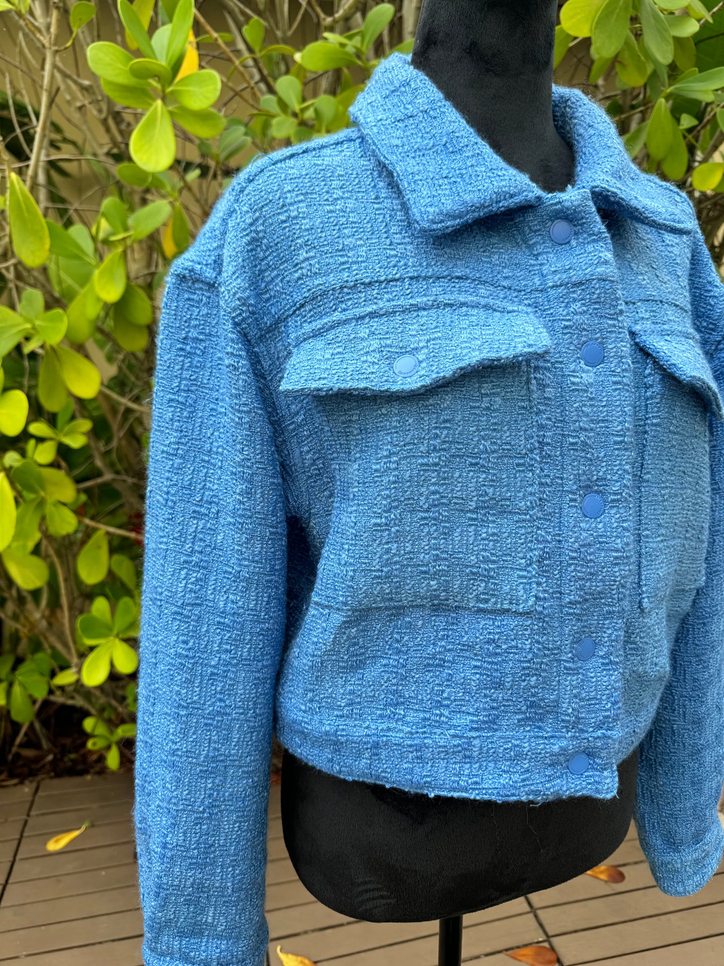 BLANKNYC Blank NYC Bright Blue Tweed Cropped Jacket Pockets