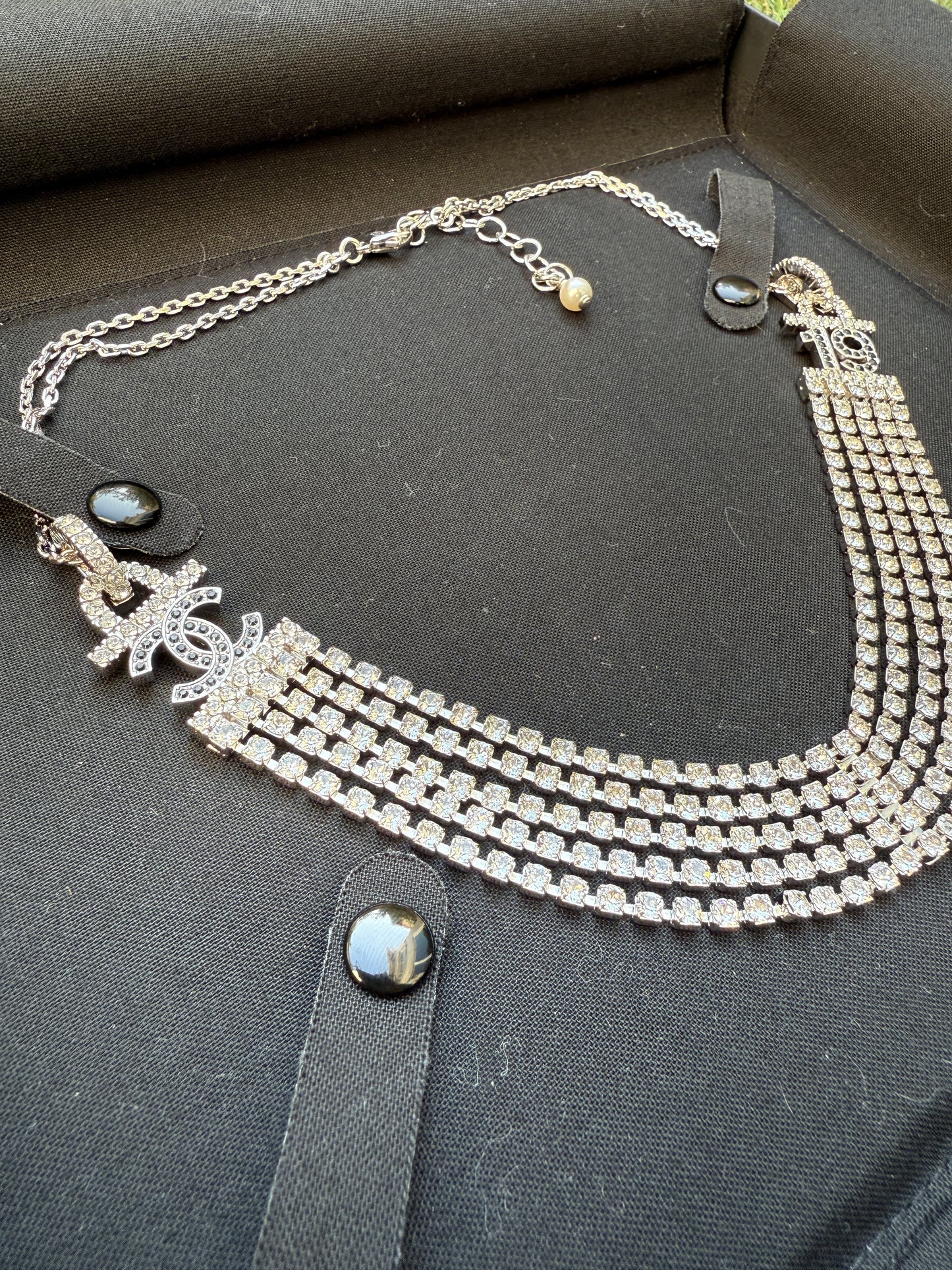 CHANEL 2022A SILVER TONE CC 19 LOGO WHITE AND BLACK CRYSTALS NECKLACE CHARM CHOCKER