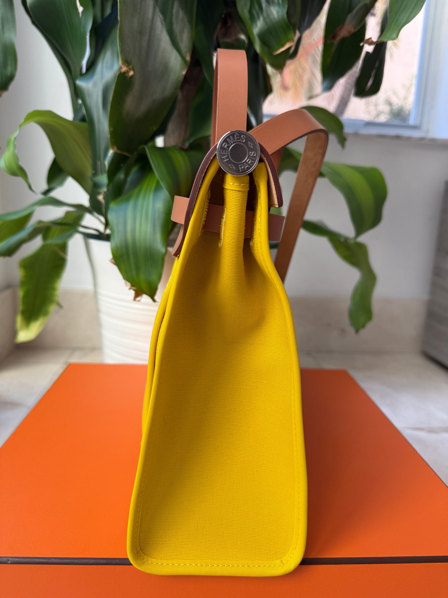 Hermès HERBAG 31 YELLOW JAUNE DE NAPLES CANVAS NATUREL LEATHER BAG Palladium HW