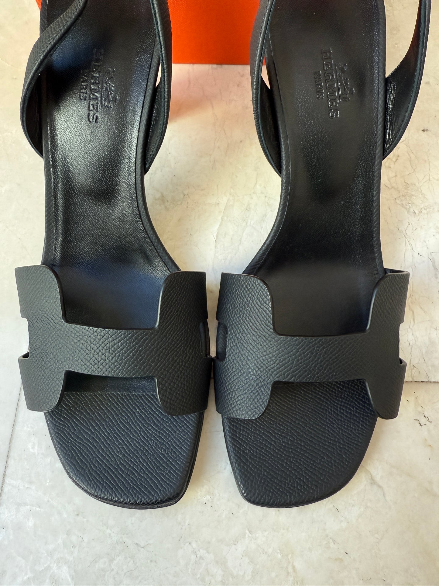 HERMES ETERNITE 80 SANDALS BLACK NOIR EPSOM HIGH HEELS SLINGBACK SHOES