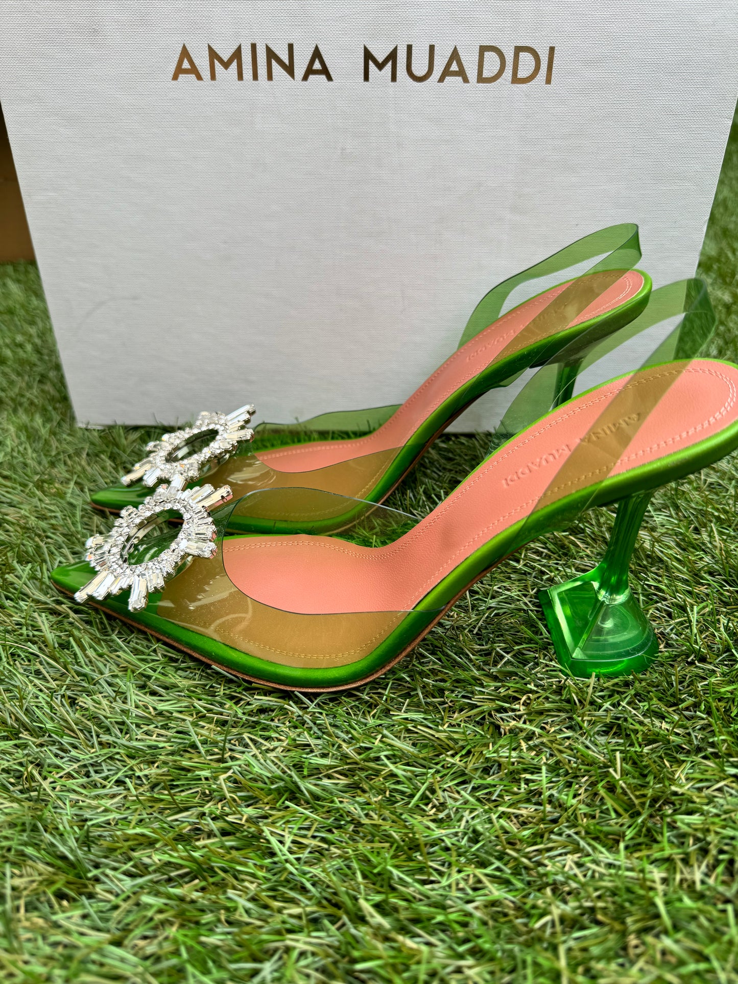 Amina Muaddi Begum Glass Jungle Green PVC Buckle Crystal Embellished Pumps Slingback Heel