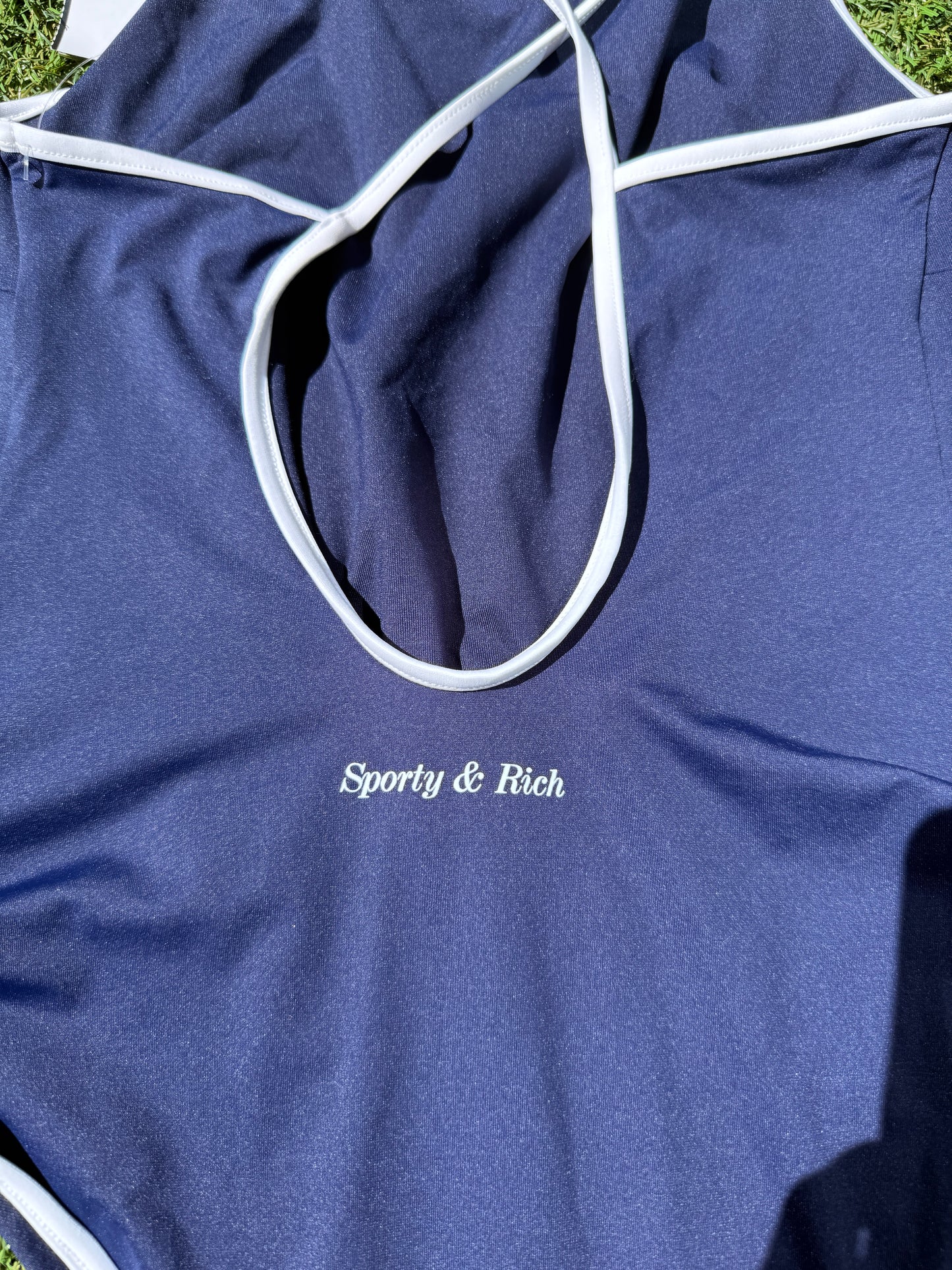 Sporty and Rich Eden-Roc Hotel Du Cap Navy Blue Crest One Piece Swimsut
