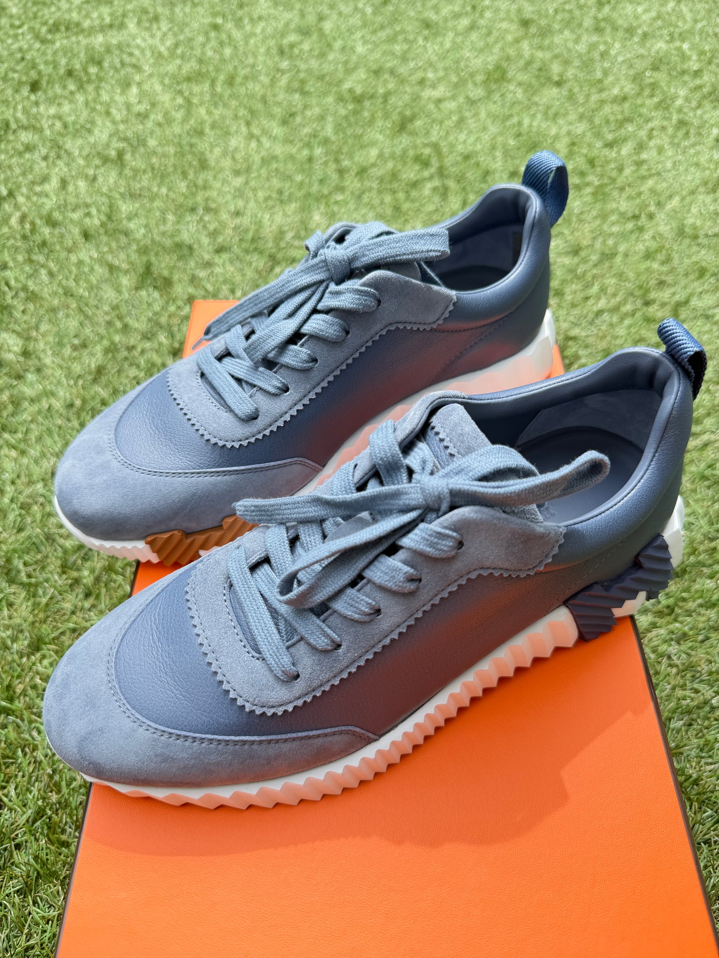 HERMES BOUNCING BLUE MER LEATHER SUEDE WHITE SOLE TRAINERS FASHION SNEAKERS