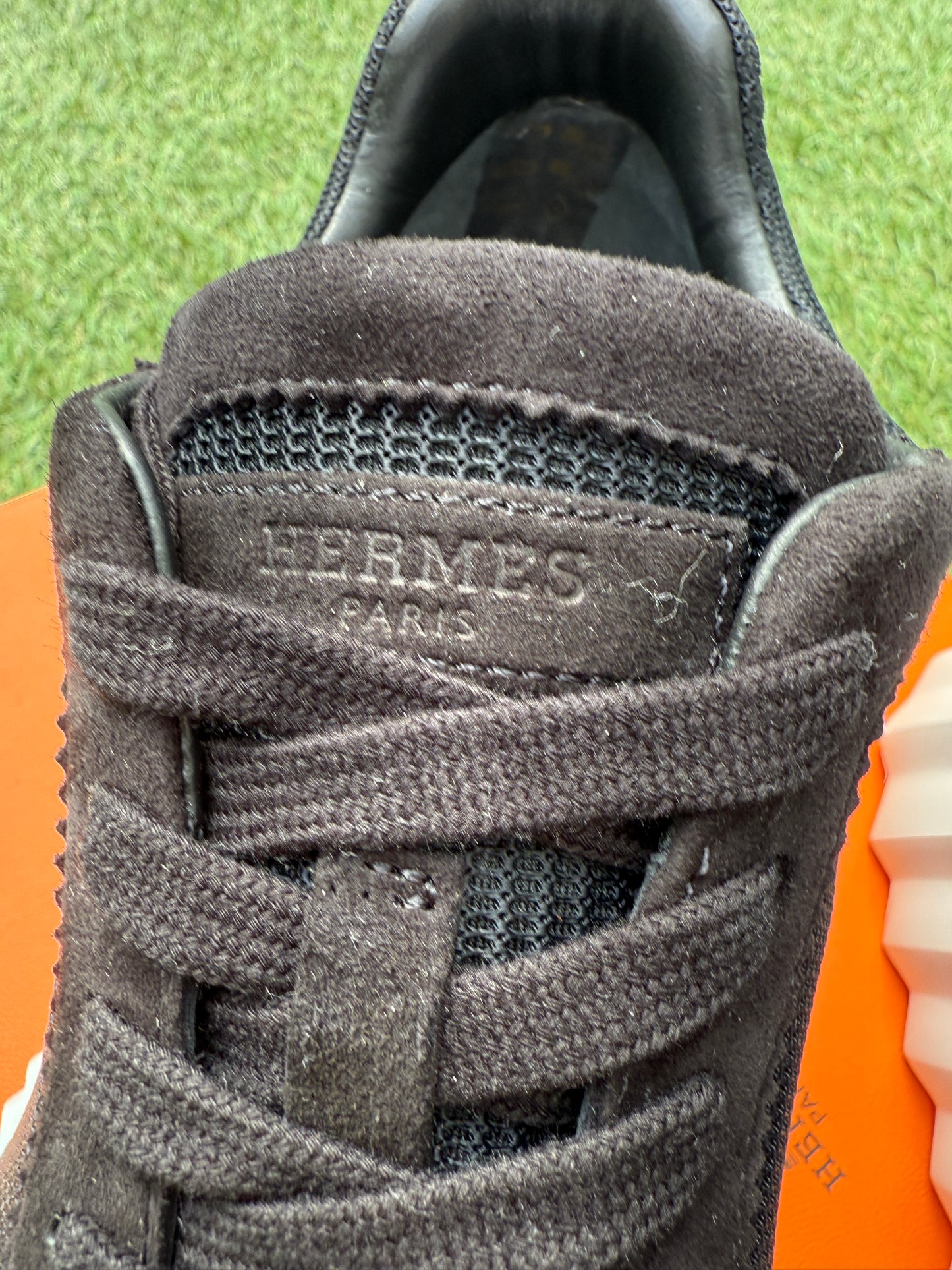 HERMES BOUNCING BLACK MESH/ SUEDE WHITE SOLE TRAINERS FASHION SNEAKERS