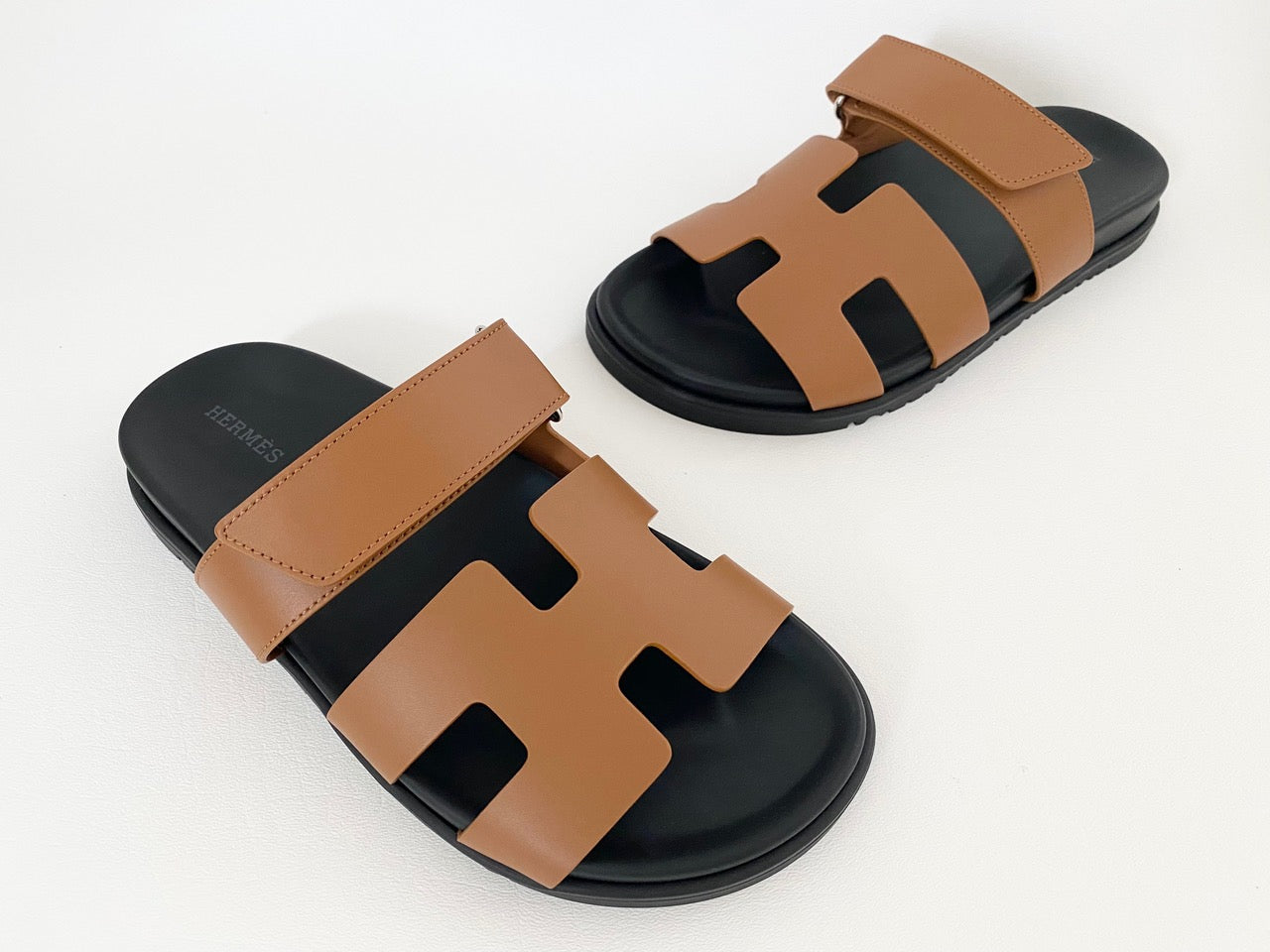 HERMES H CHYPRE BROWN CALFSKIN LEATHER SANDALS SHOES FLAT SLIDES