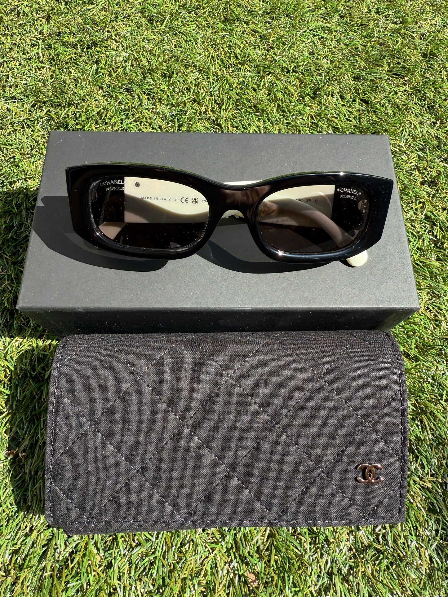 Chanel Polarized Rectangle Sunglasses Black White CC Logo CH5525 Acetate 52mm