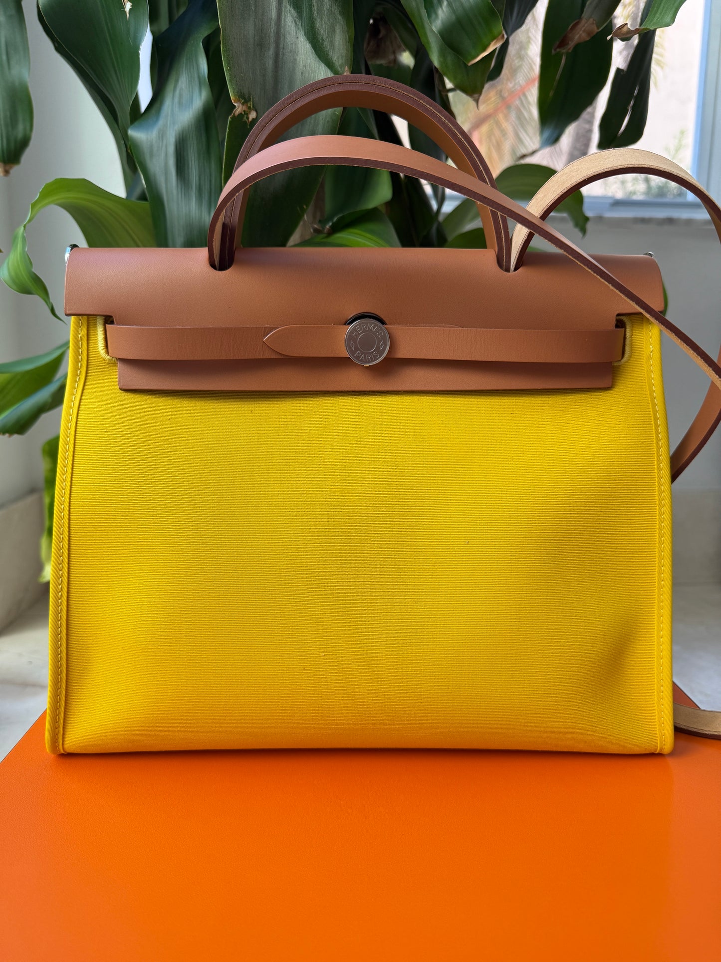 Hermès HERBAG 31 YELLOW JAUNE DE NAPLES CANVAS NATUREL LEATHER BAG Palladium HW
