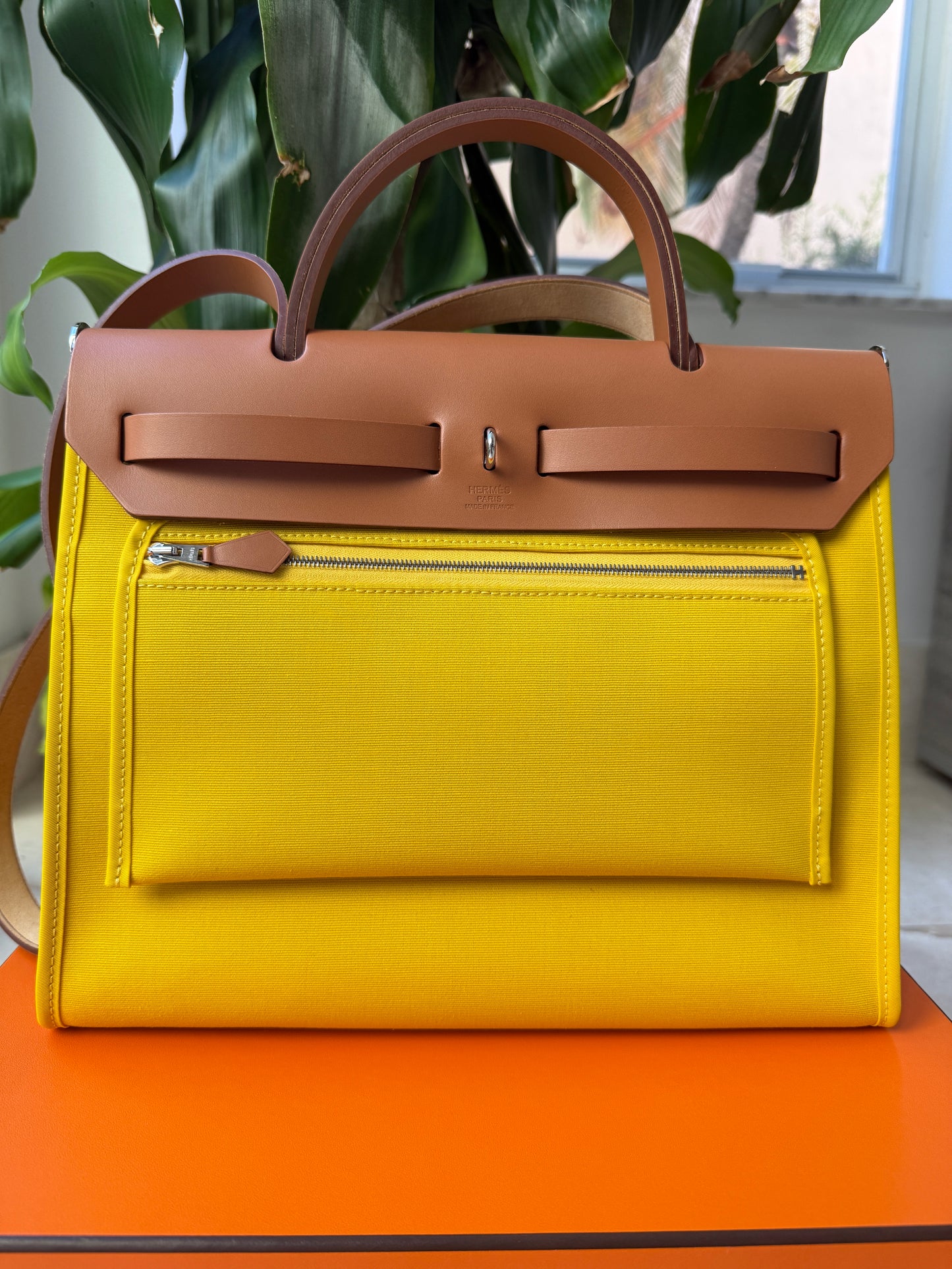 Hermès HERBAG 31 YELLOW JAUNE DE NAPLES CANVAS NATUREL LEATHER BAG Palladium HW