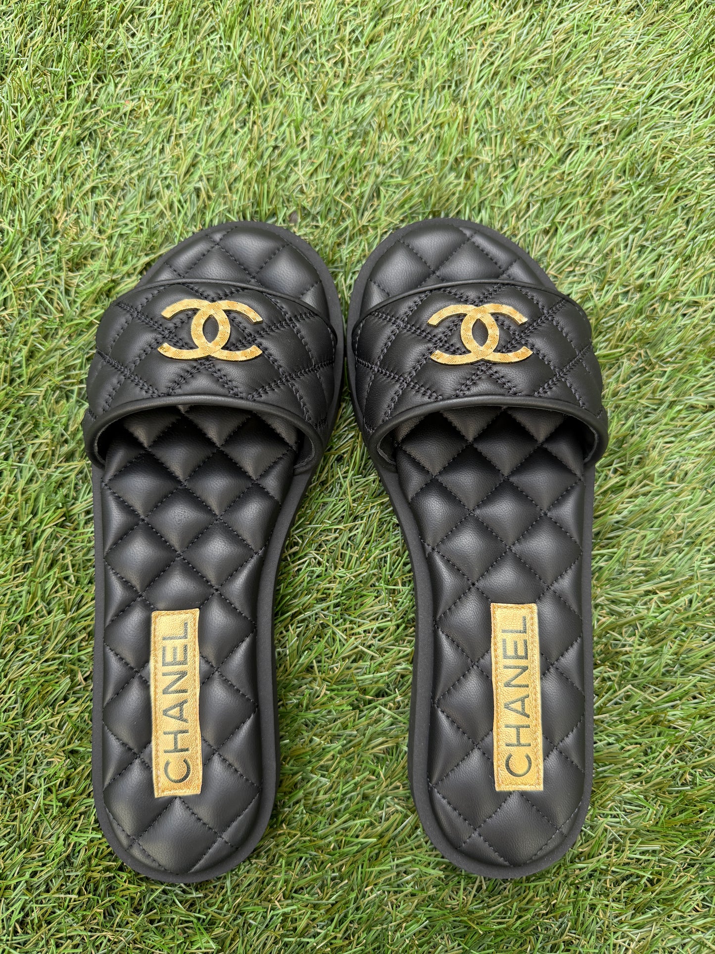 Chanel SS25 Black Leather Quilted CC Gold Tone Logo Sandals Slides Mules