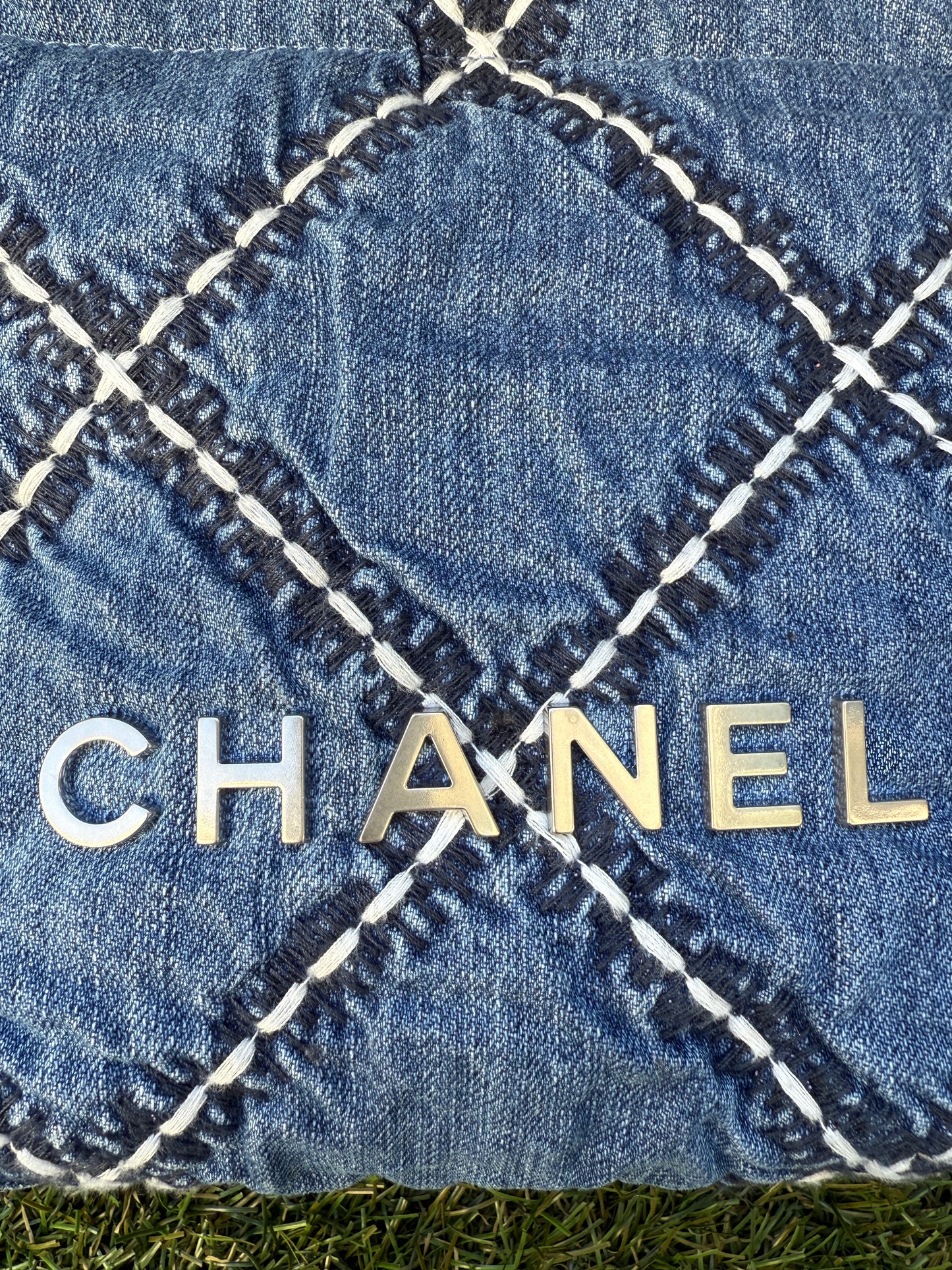 Chanel 22 Mini Denim Blue Quilted Jean Stitched Crossbody Hobo Bag Handbag 24P