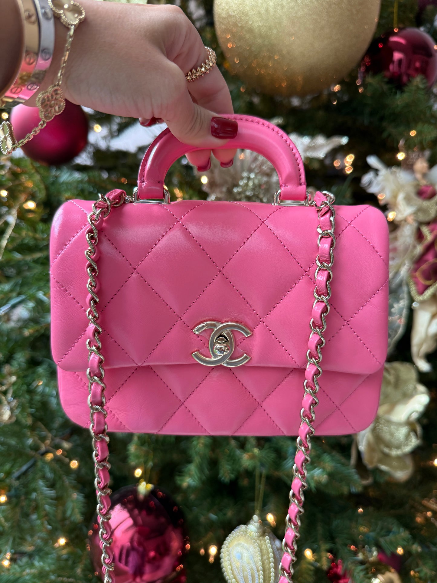 CHANEL 2024C PINK LEATHER MINI RECTANGULAR CROSSBODY TOP HANDLE BAG GOLD HW
