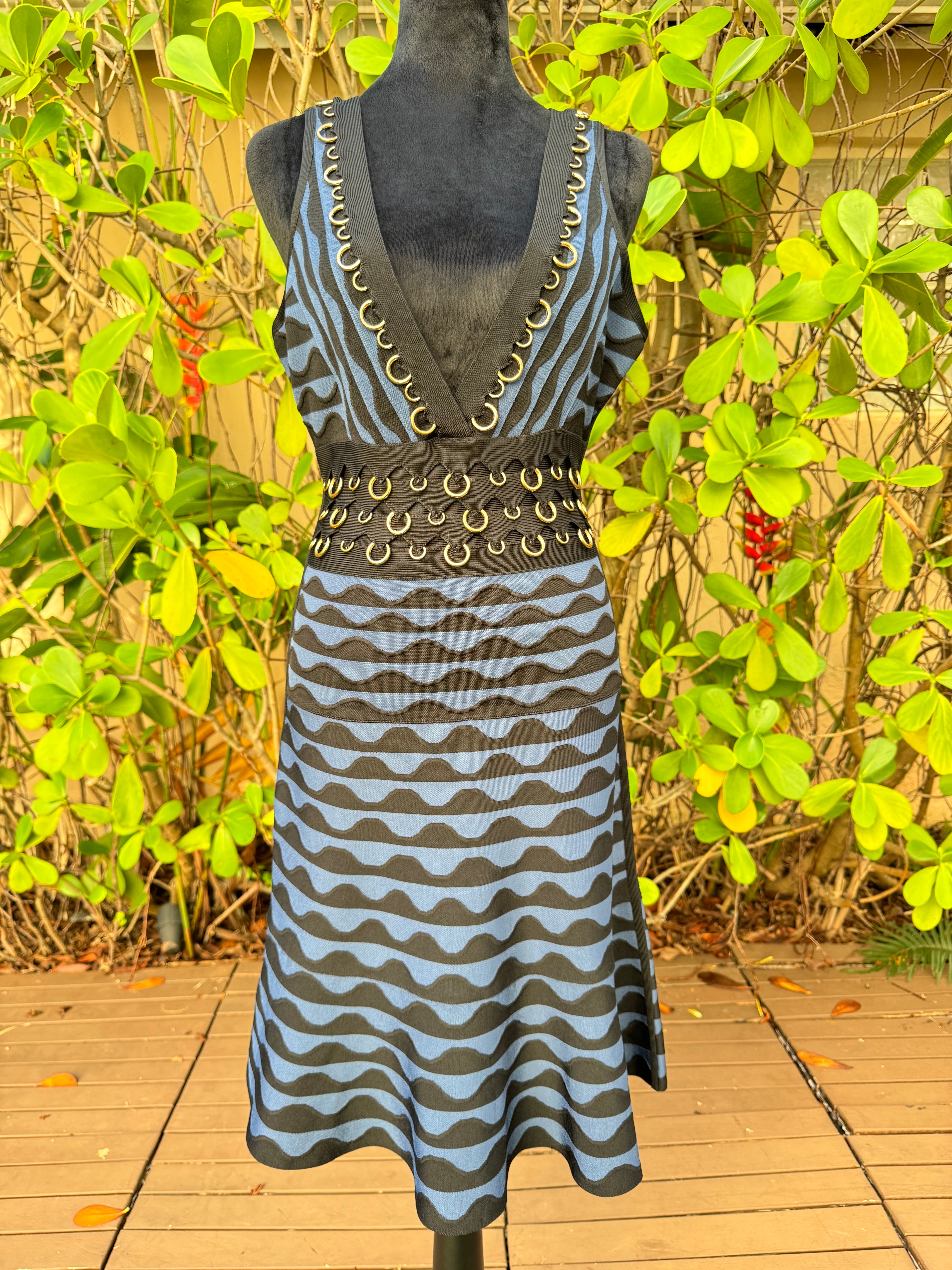 Herve Leger Katrin Ring-Embellished Jacquard-Knit Bandage Dress Black Blue Herve Leger Katrin Ring-Embellished Jacquard-Knit Bandage Dress Black Blue