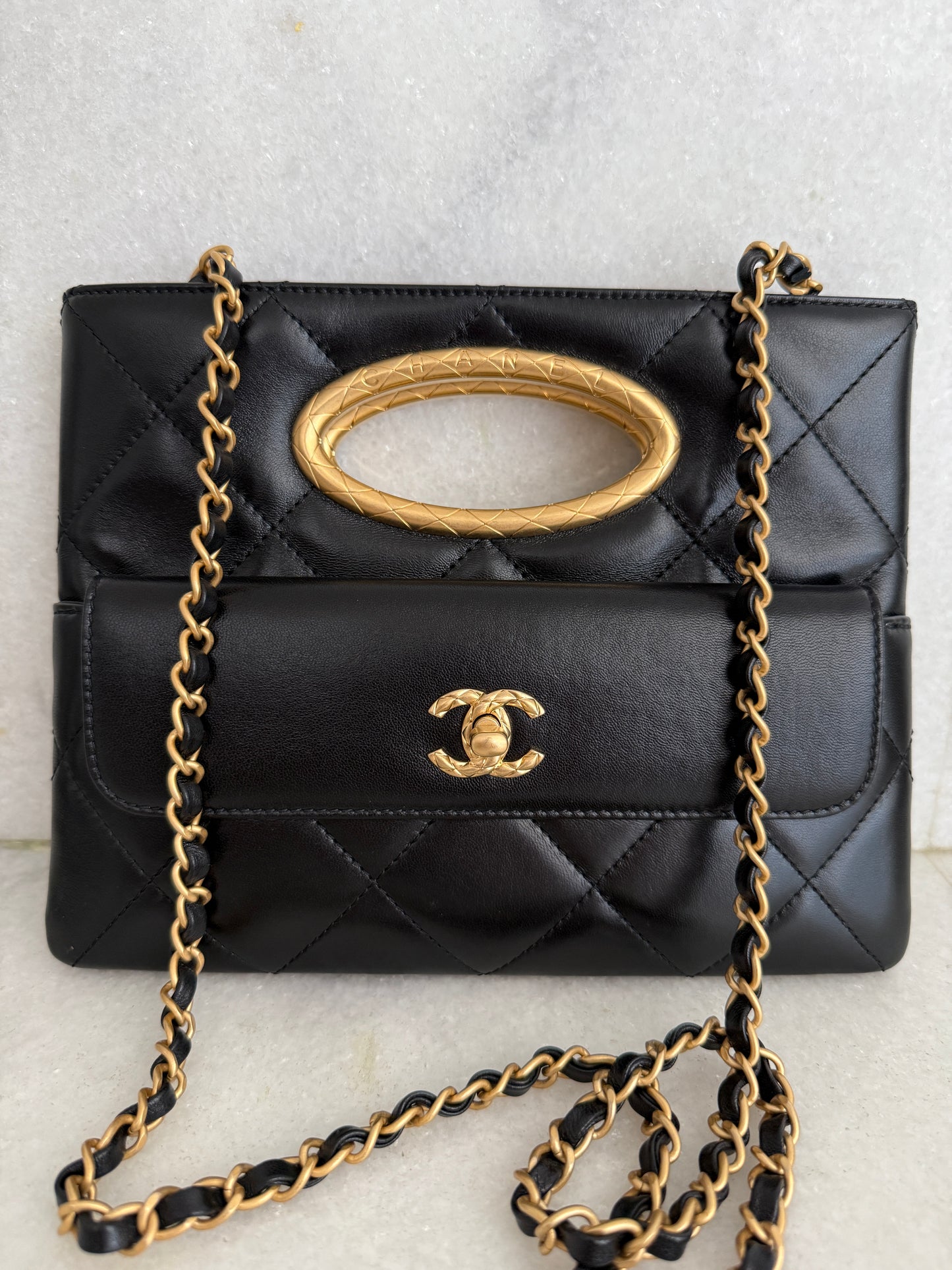 Chanel Quilted Black Lambskin Leather Chain Handle Pocket Gold Tone CC Logo Shoulder Clutch Purse