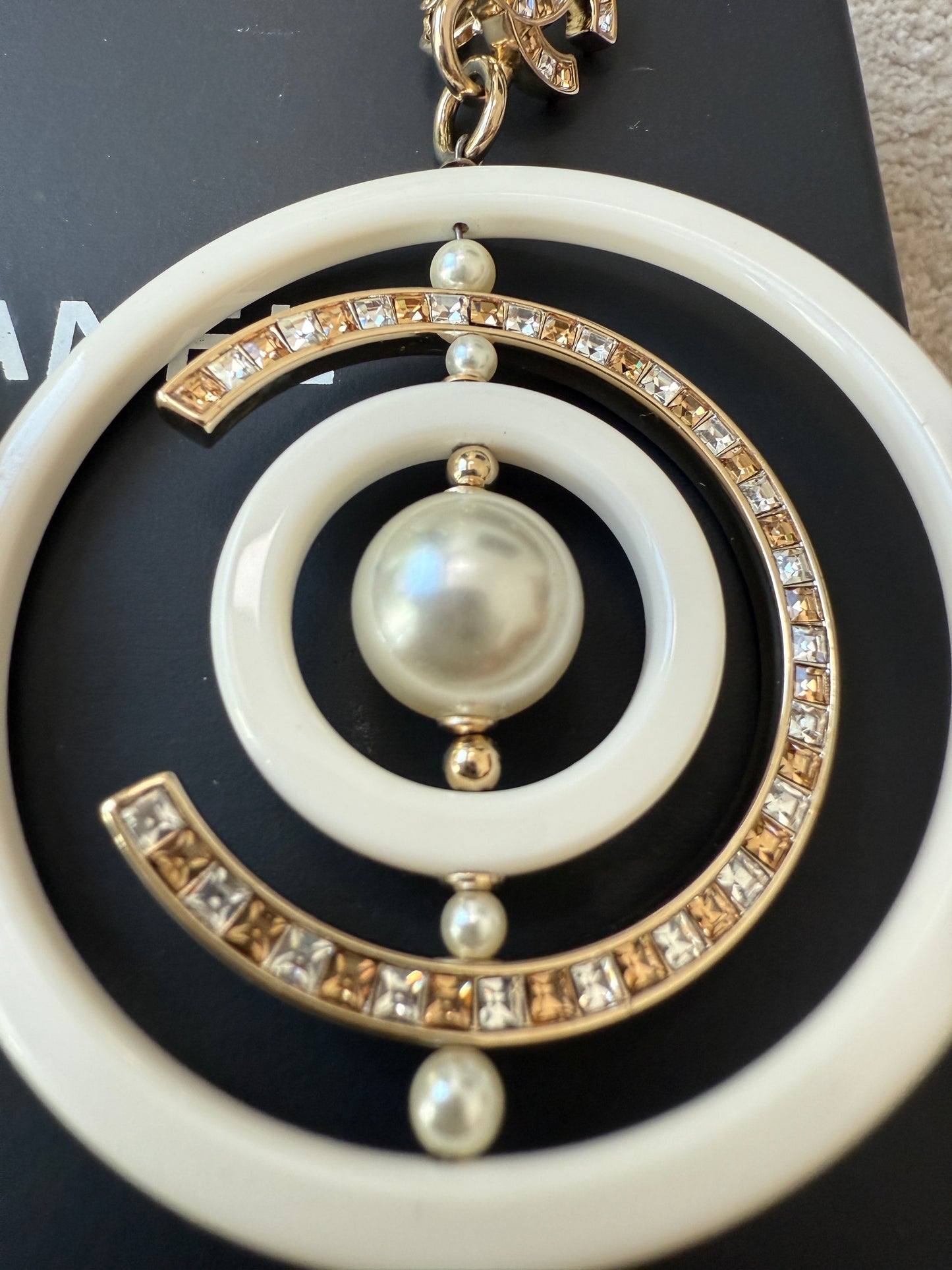 Chanel 18B Ivory White Resin Plastic Disco CC Logo Crystal Gold Tone Pearls Round Clip on Earrings Drop Hoop