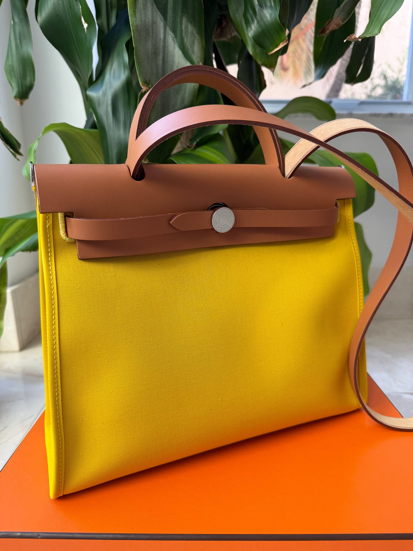Hermès HERBAG 31 YELLOW JAUNE DE NAPLES CANVAS NATUREL LEATHER BAG Palladium HW