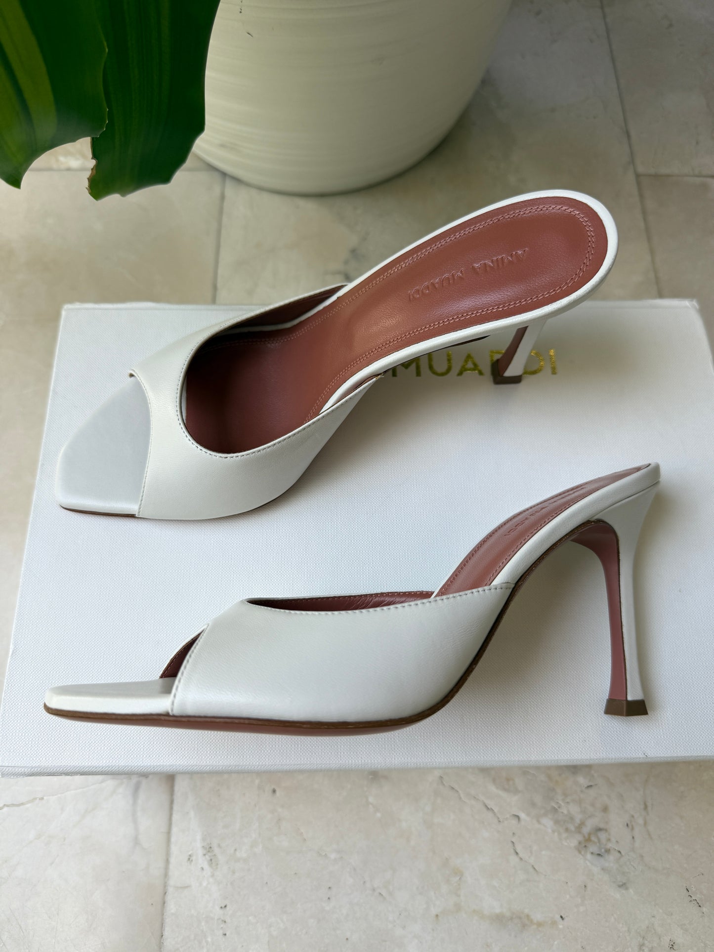 Amina Muaddi Alexa Slipper Peep Toe Slide White Leather Shoes Heels 90mm