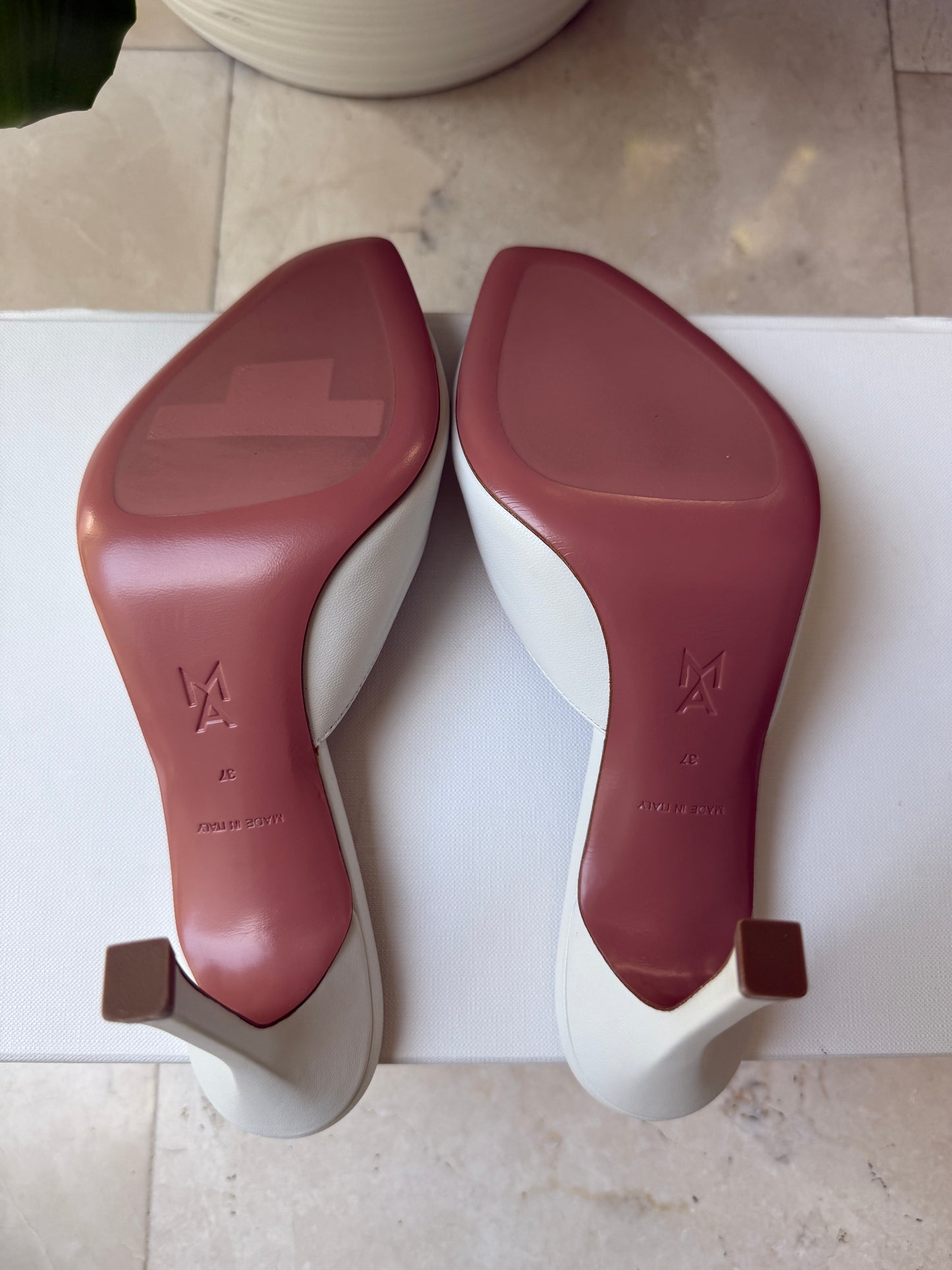 Amina Muaddi Alexa Slipper Peep Toe Slide White Leather Shoes Heels 90mm