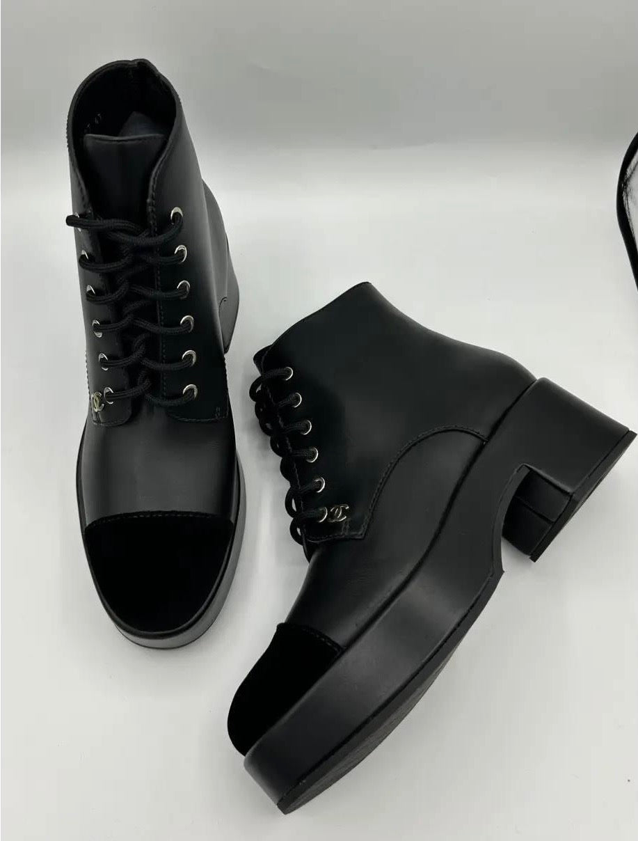 Chanel Calfskin Velvet CC Cap Toe Black Leather Lace Up Boots Ankle Booties