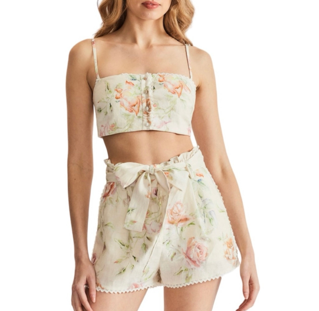 Caroline Constas Floral Linen Crochet Belted Summer 2 Piece Suite Shorts Top