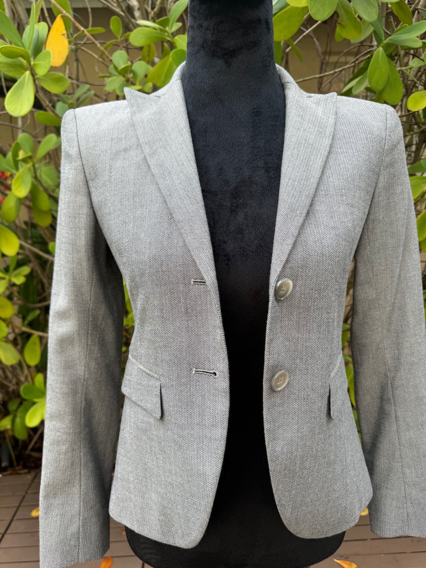 Theory Light Gray Zig Zag Collared Slim Short Cotton Wool Blazer Jacket Pre-Owned