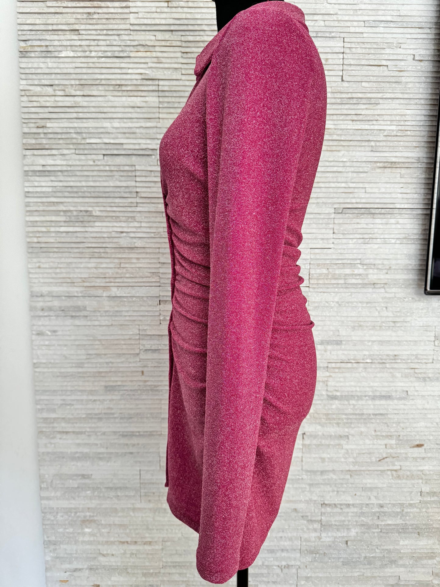 Good American Sparkly Sparkle Metallic Ruched Long Sleeve Mini Dress