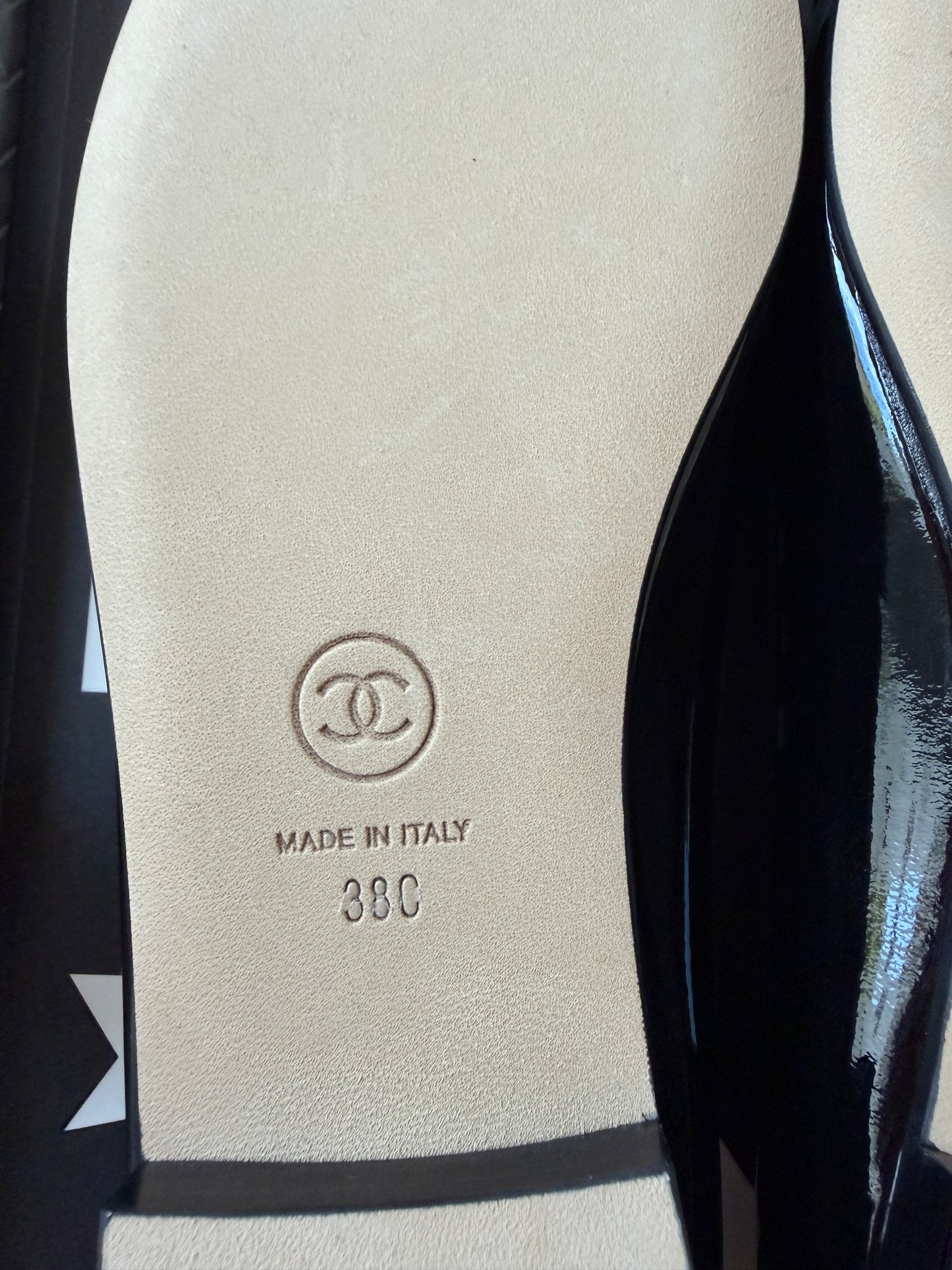 Chanel 26 Black Patent Leather White Cap Toe CC Logo Flat Ballet Ballerina Flats