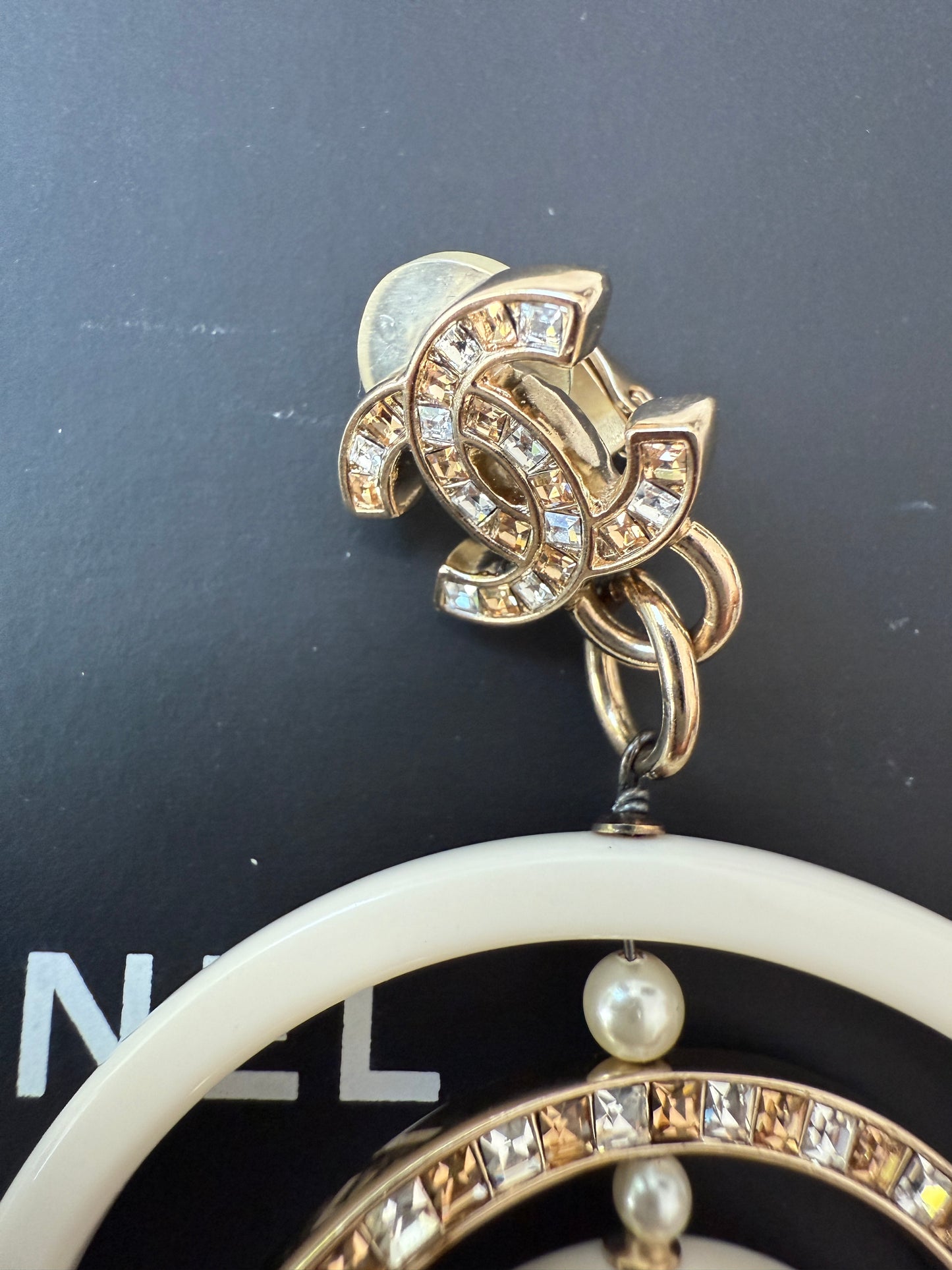 Chanel 18B Ivory White Resin Plastic Disco CC Logo Crystal Gold Tone Pearls Round Clip on Earrings Drop Hoop