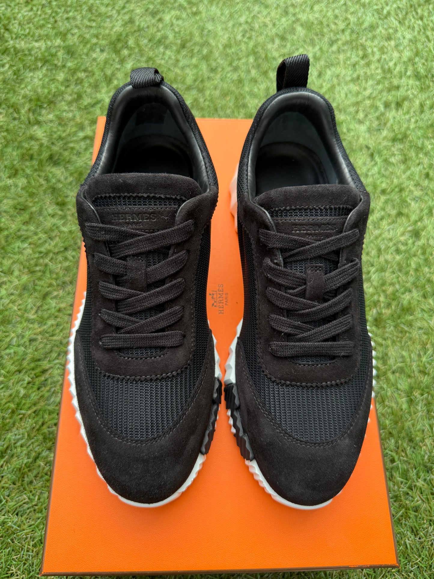 HERMES BOUNCING BLACK MESH/ SUEDE WHITE SOLE TRAINERS FASHION SNEAKERS